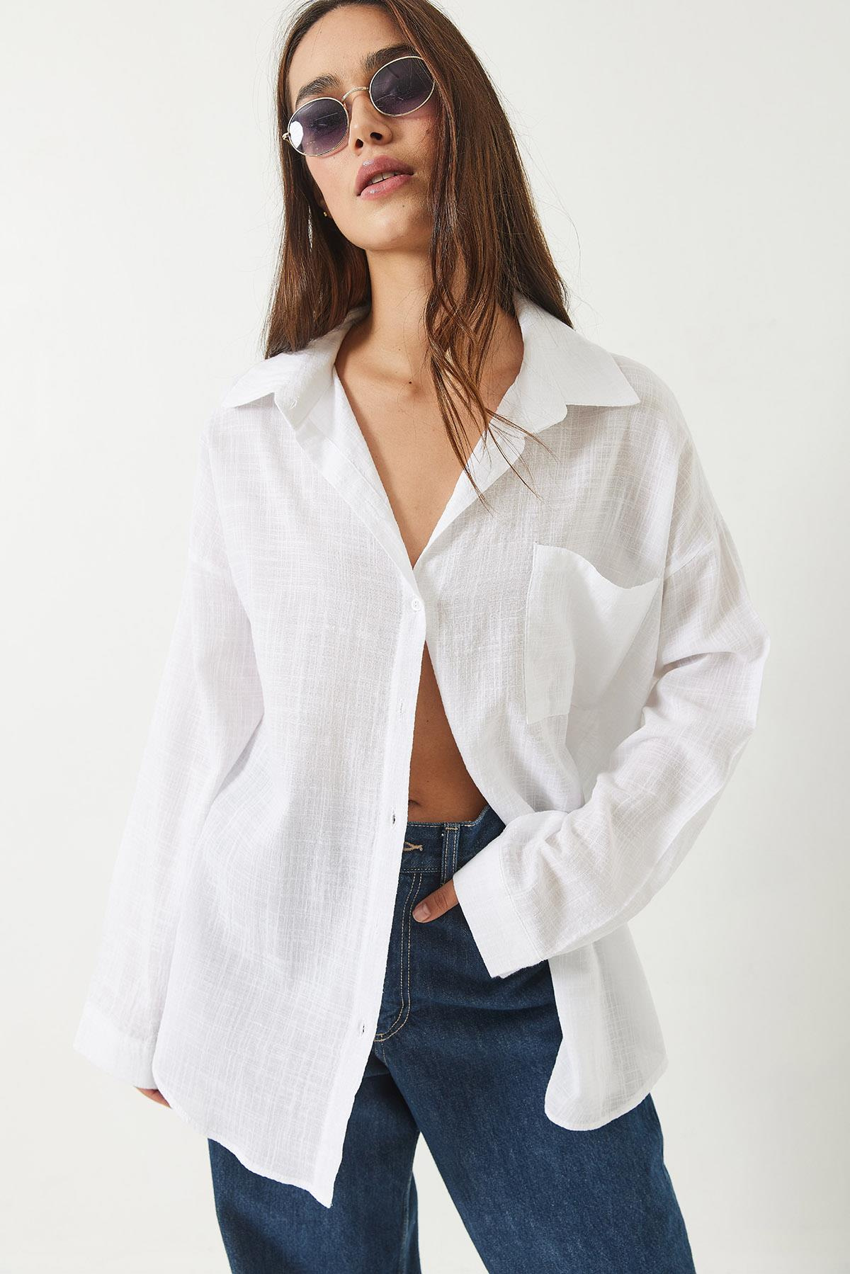 Tek Cepli Pamuk Viskon Oversize Basic Gömlek 4756 60261396 - Beyaz
