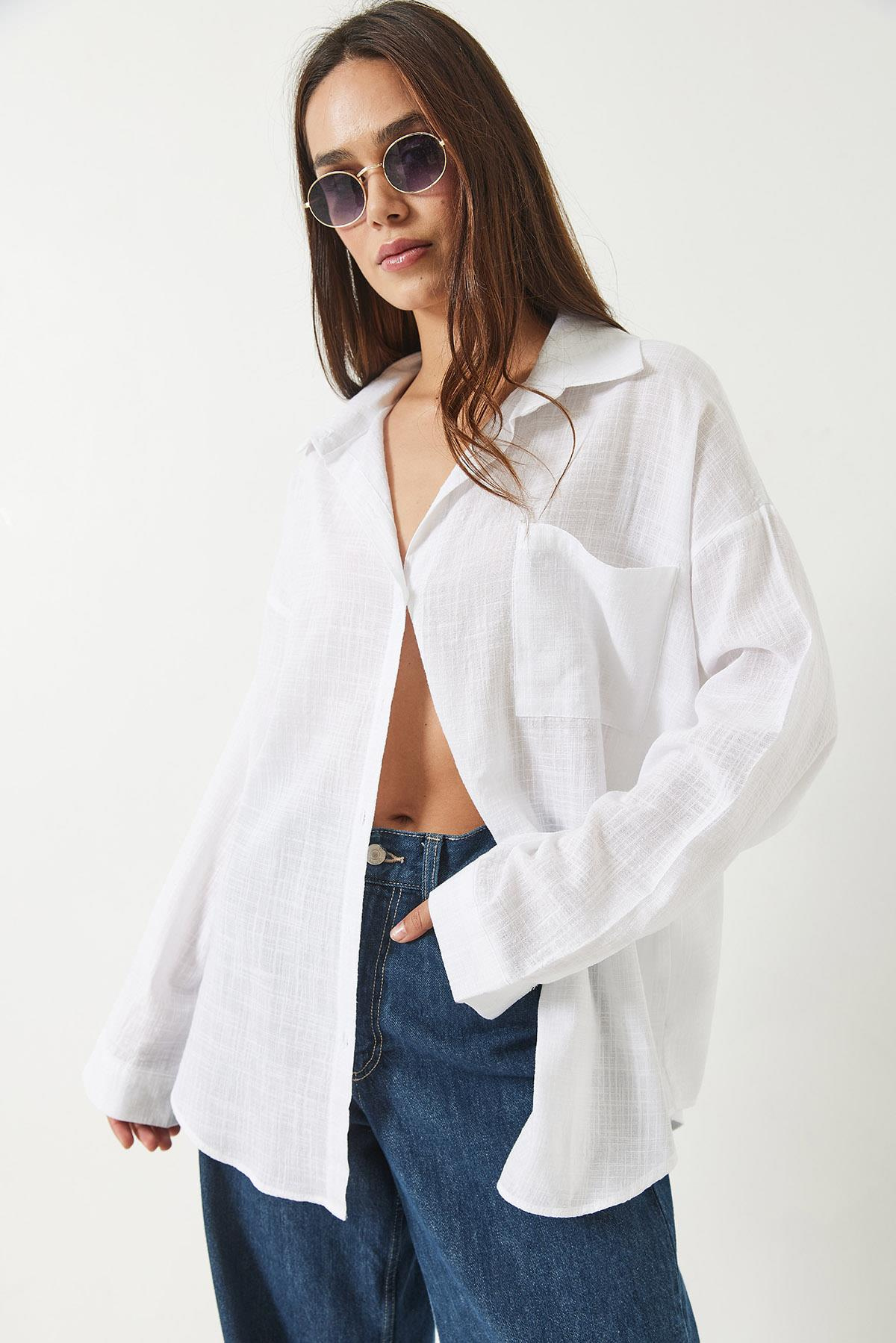 Tek Cepli Pamuk Viskon Oversize Basic Gömlek 4756 60261396 - Beyaz