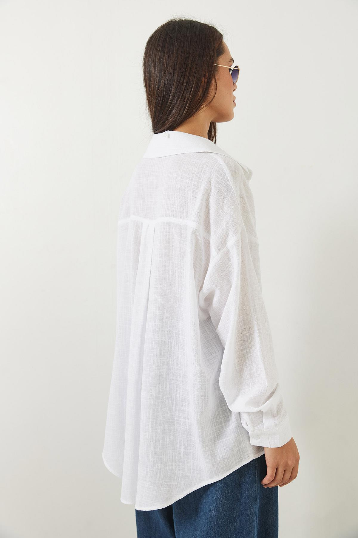 Tek Cepli Pamuk Viskon Oversize Basic Gömlek 4756 60261396 - Beyaz