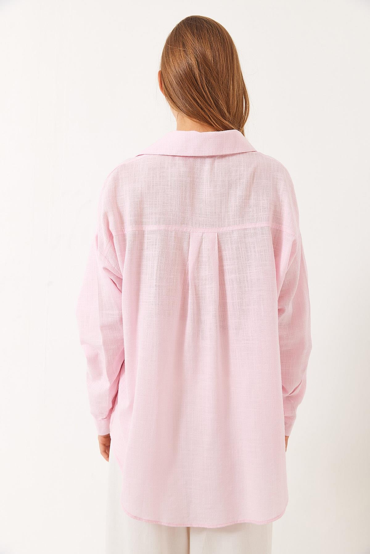 Tek Cepli Pamuk Viskon Oversize Basic Gömlek 4756 60261396 - Pudra