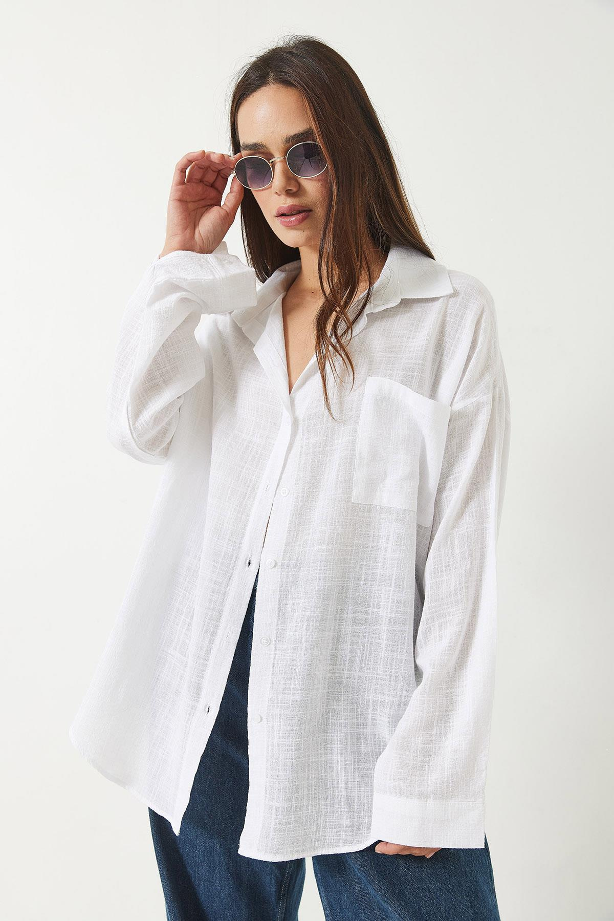 Tek Cepli Pamuk Viskon Oversize Basic Gömlek 4756 60261396 - Beyaz