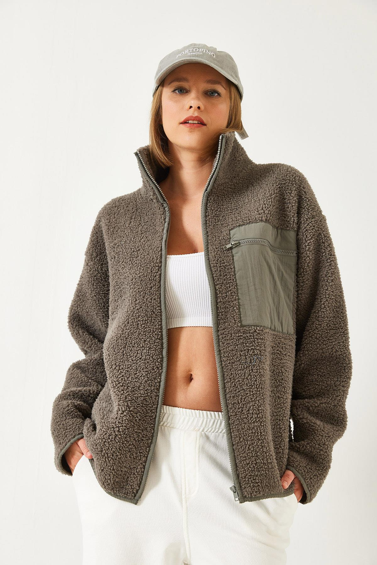 Tek Cepli Peluş Hırka 55446 60261066 - Gri HIRKA modelleri