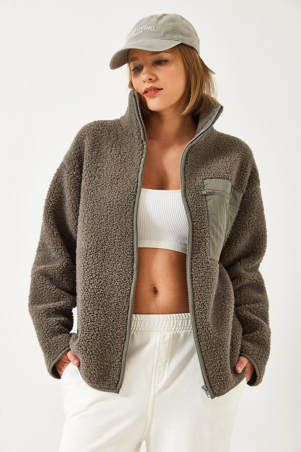 Tek Cepli Peluş Hırka 55446 60261066 - Gri HIRKA modelleri
