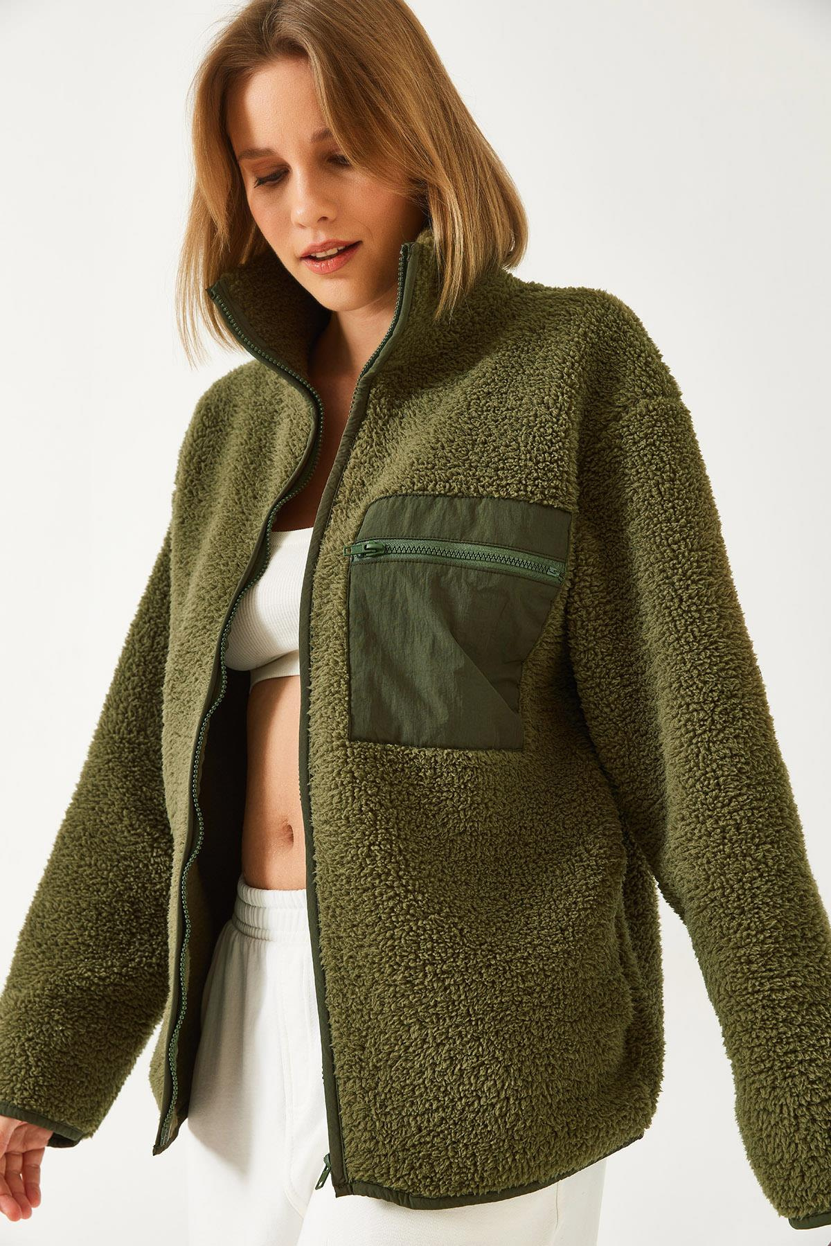 Kadın Tek Cepli Peluş Hırka 55446 60261066 - Haki Satın Al