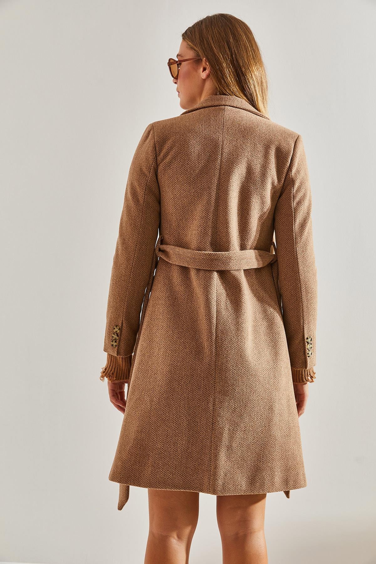 Tek Düğmeli Kuşaklı Astarlı Kaşe Kaban - Camel DIŞ GİYİM modelleri
