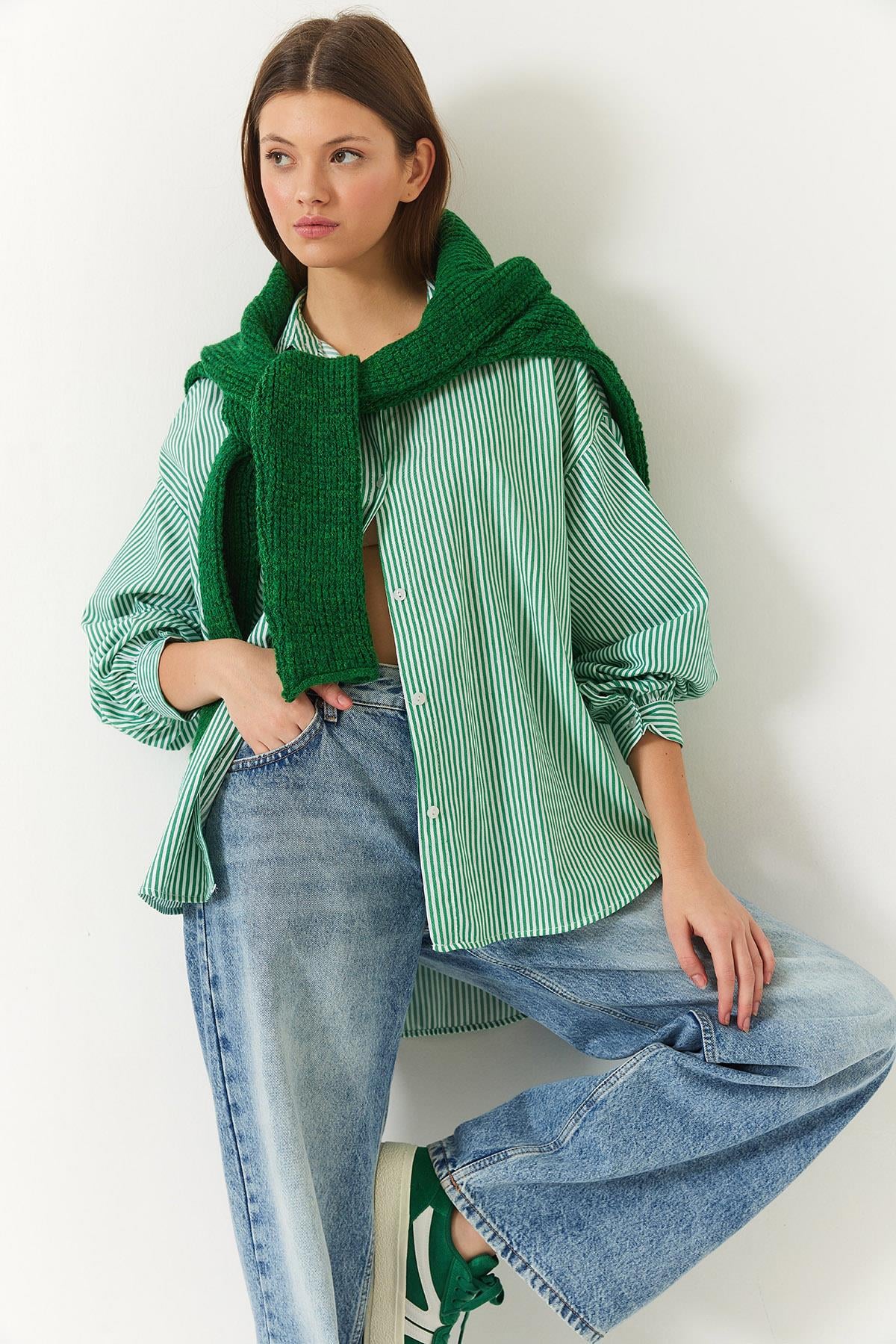 Üç Çizgili Oversize Standart Basic Gömlek 2021 60271074 - Beyaz-Yeşil