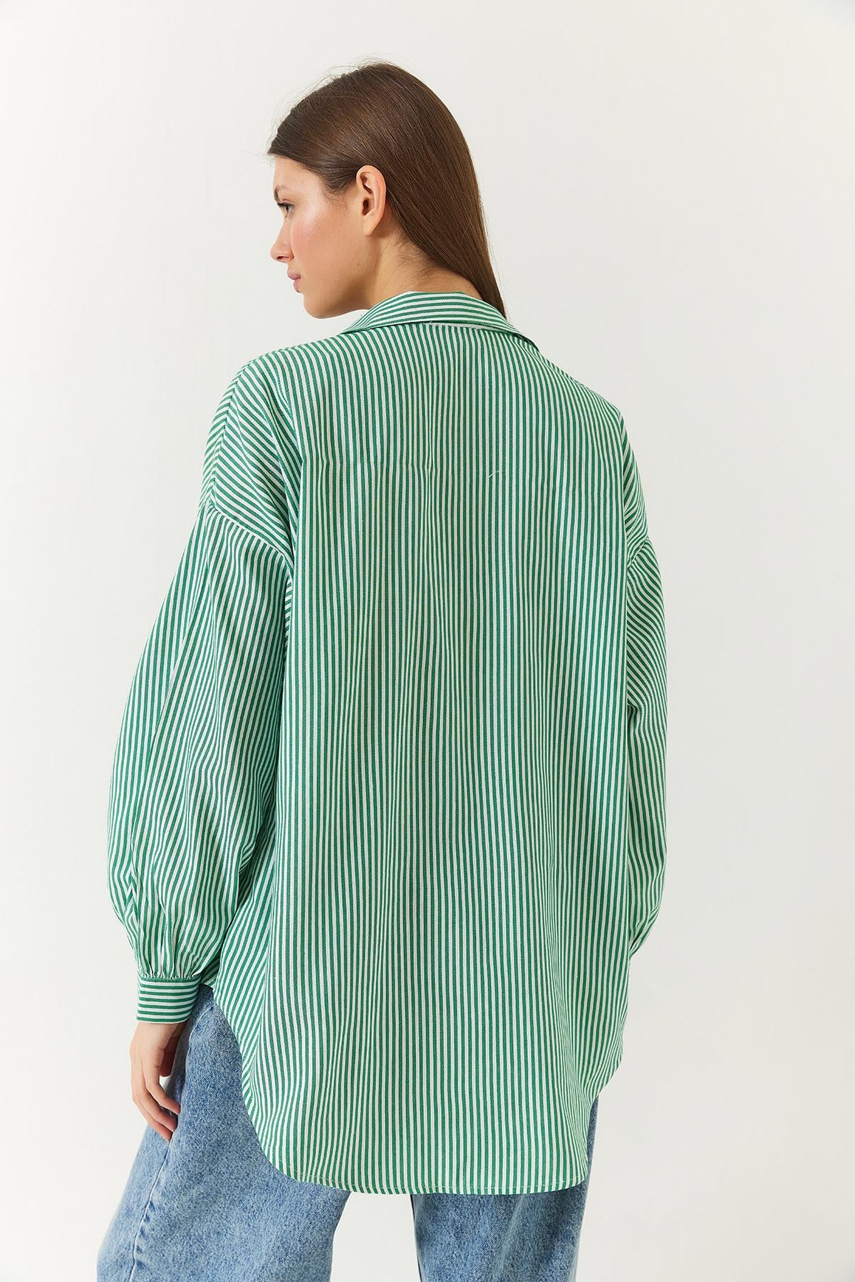 Üç Çizgili Oversize Standart Basic Gömlek 2021 60271074 - Beyaz-Yeşil