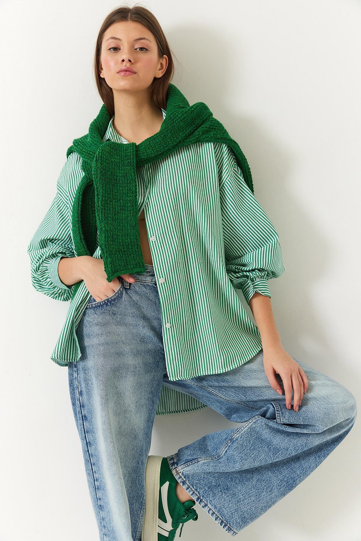 Üç Çizgili Oversize Standart Basic Gömlek 2021 60271074 - Beyaz-Yeşil