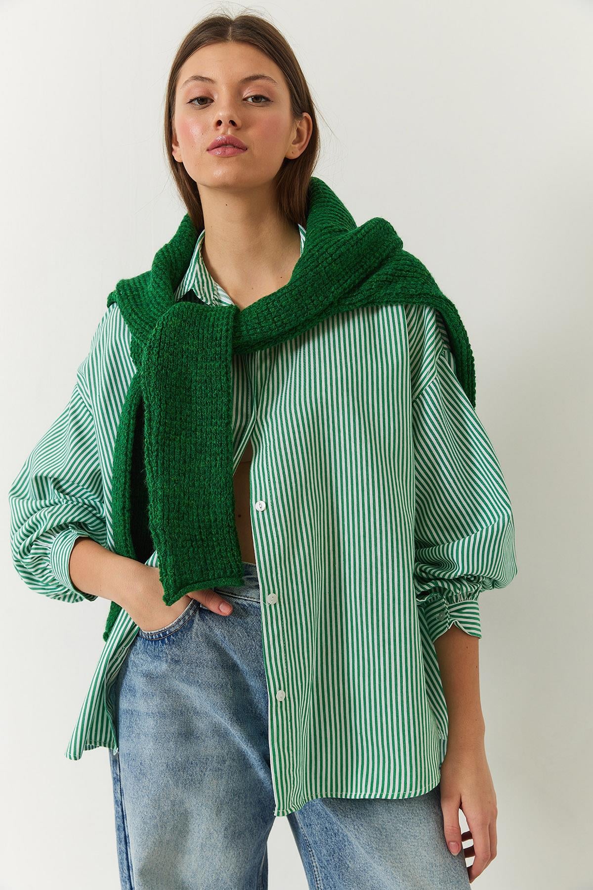 Üç Çizgili Oversize Standart Basic Gömlek 2021 60271074 - Beyaz-Yeşil