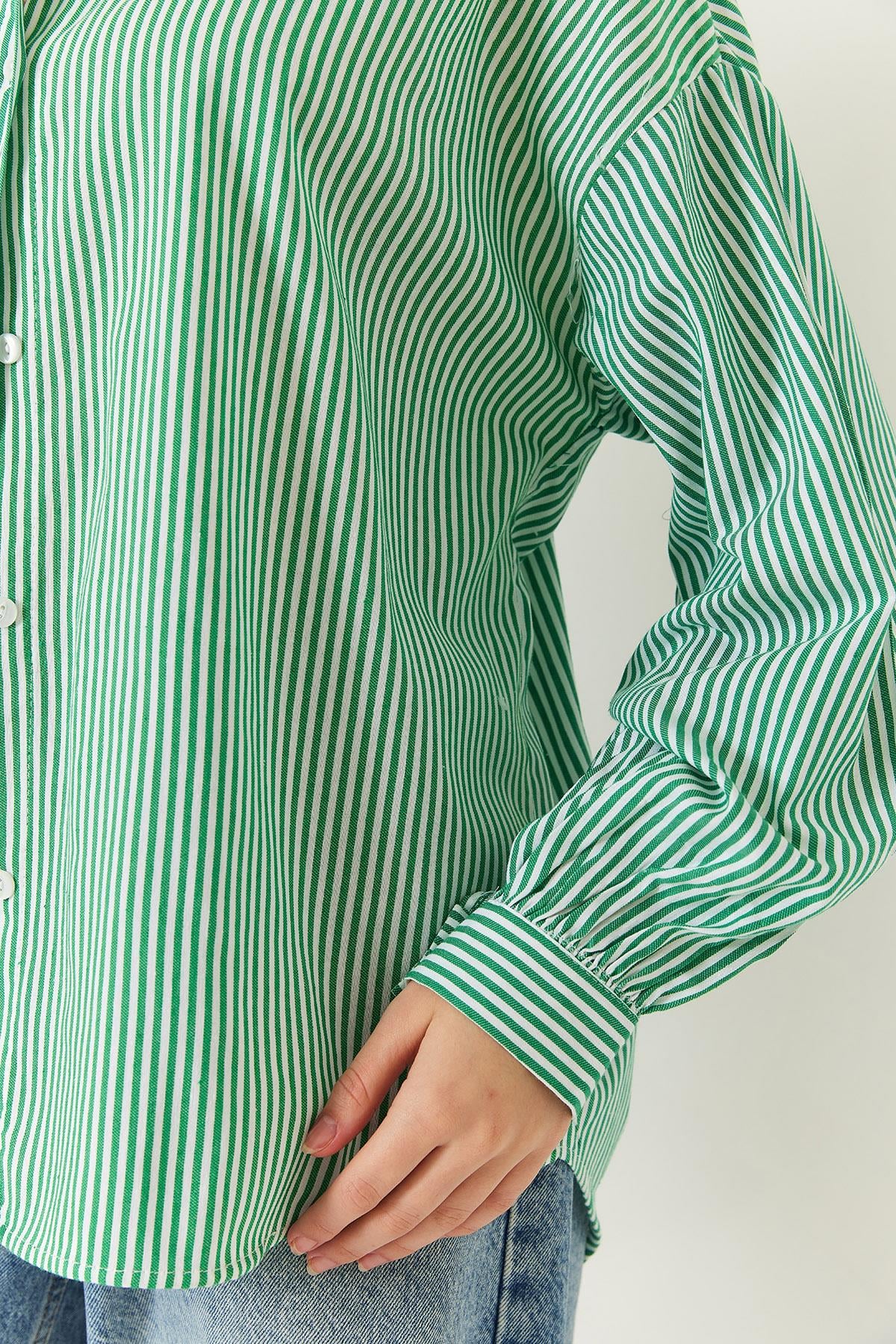 Üç Çizgili Oversize Standart Basic Gömlek 2021 60271074 - Beyaz-Yeşil