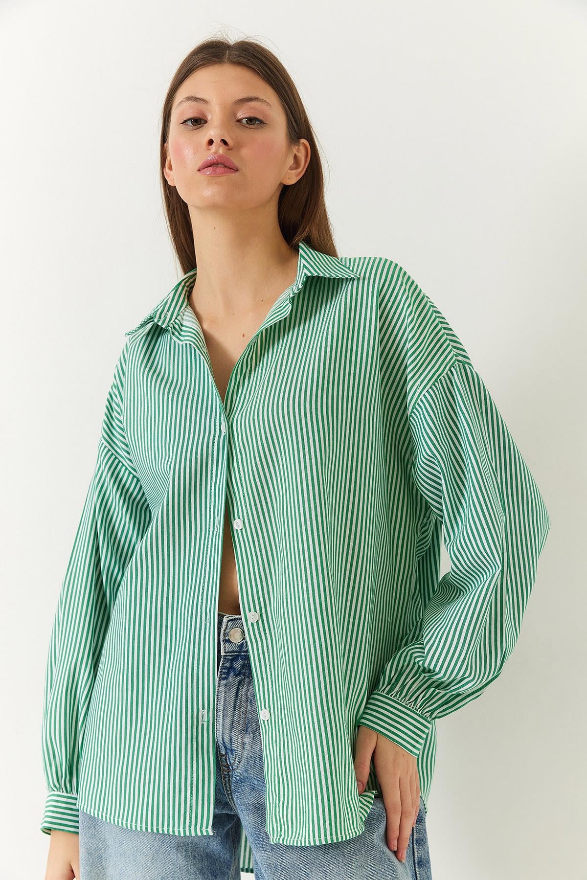 Üç Çizgili Oversize Standart Basic Gömlek 2021 60271074 - Beyaz-Yeşil
