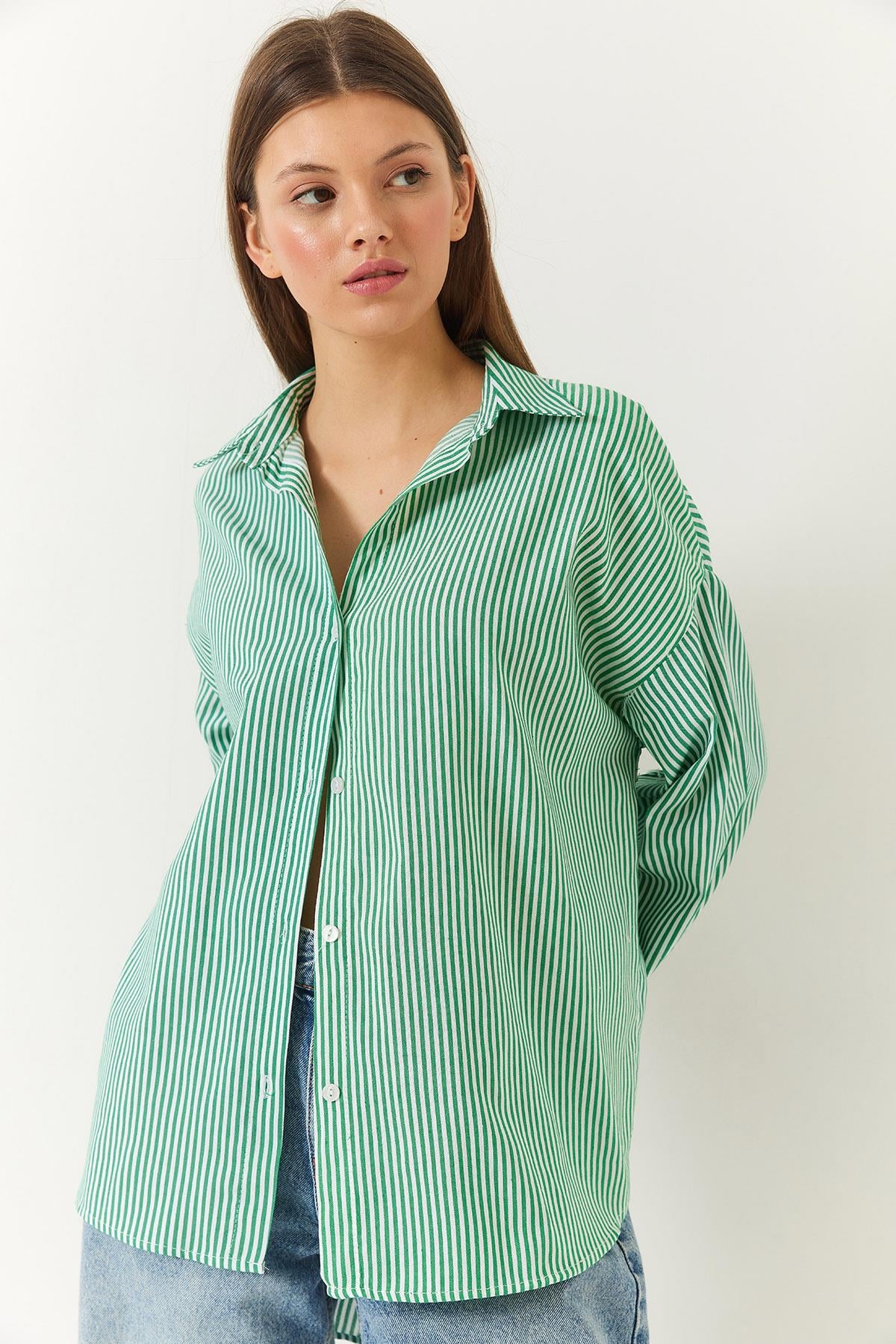 Üç Çizgili Oversize Standart Basic Gömlek 2021 60271074 - Beyaz-Yeşil