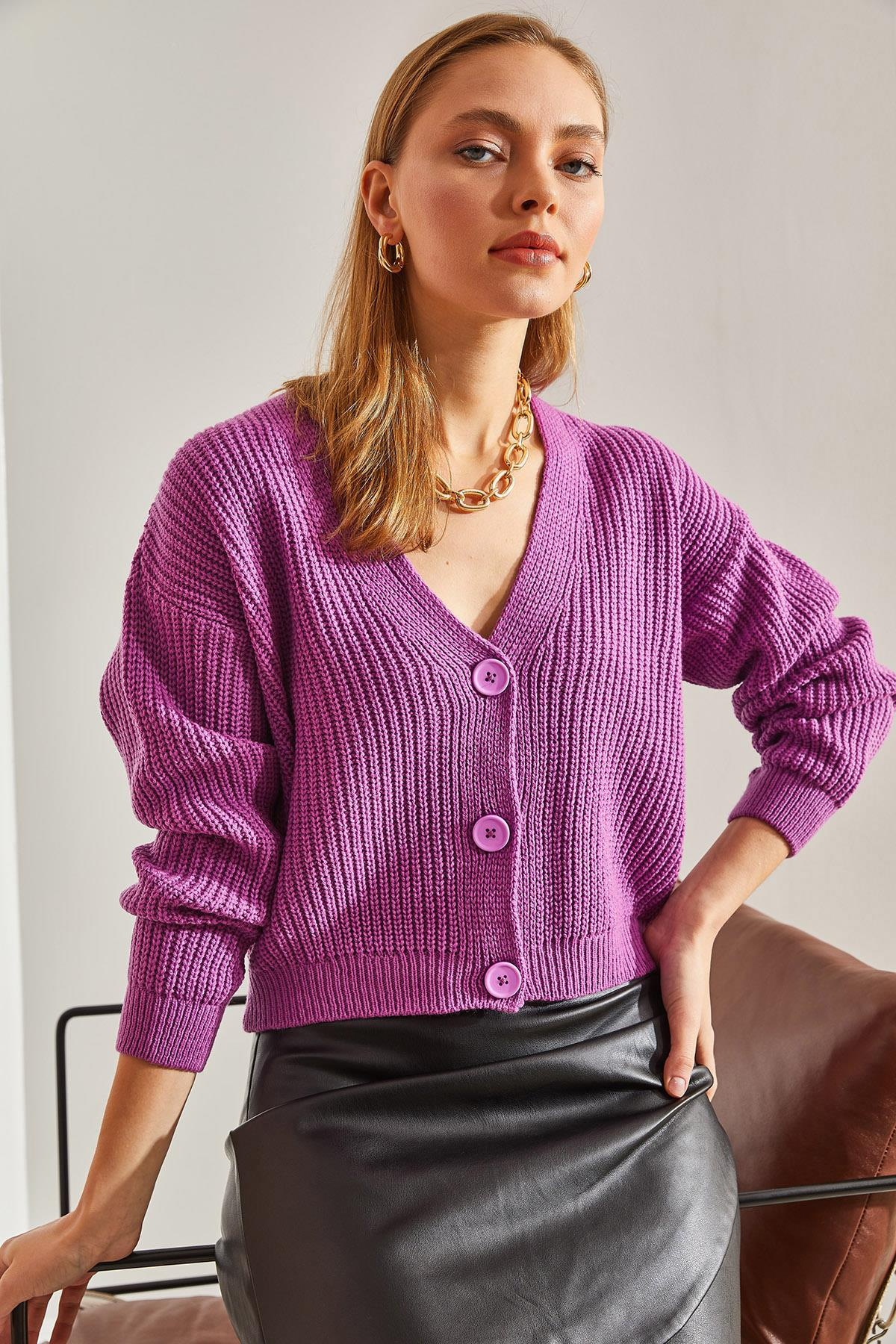 Üç Düğmeli Fitilli Triko Hırka - Lila
