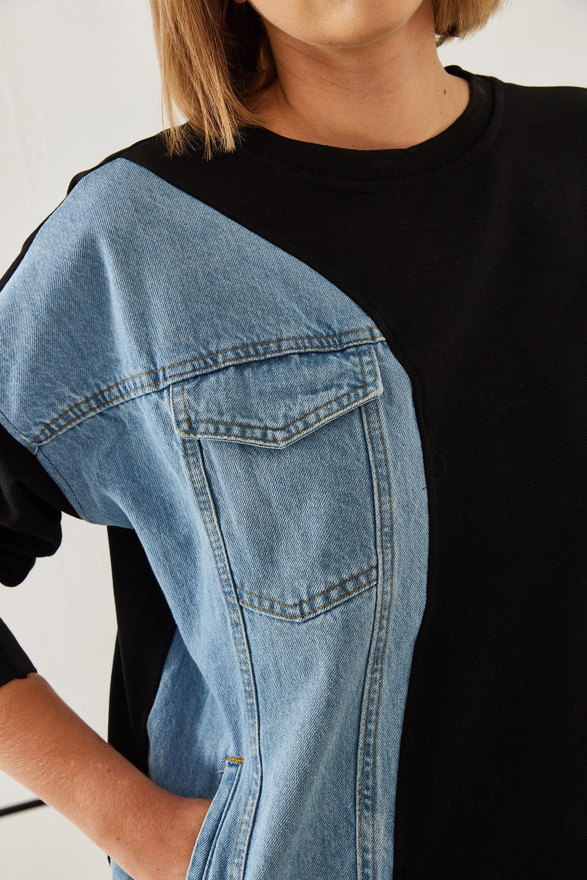 Üç İplik Denim Garnili Sweatshirt 60351217 - Siyah