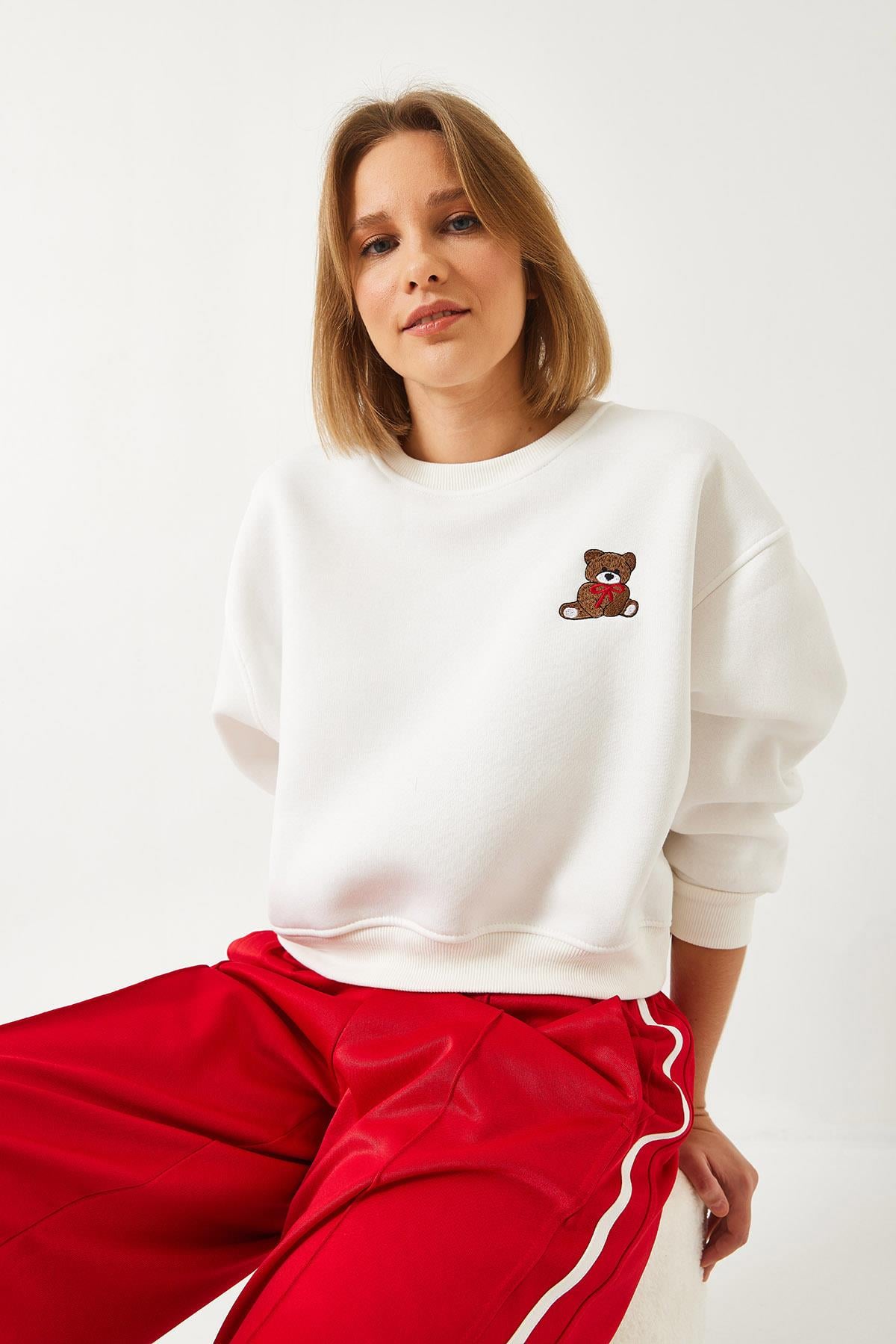 Üç İplik Şardonlu Ayıcık İşlemeli Sweatshirt 60261160 - Beyaz