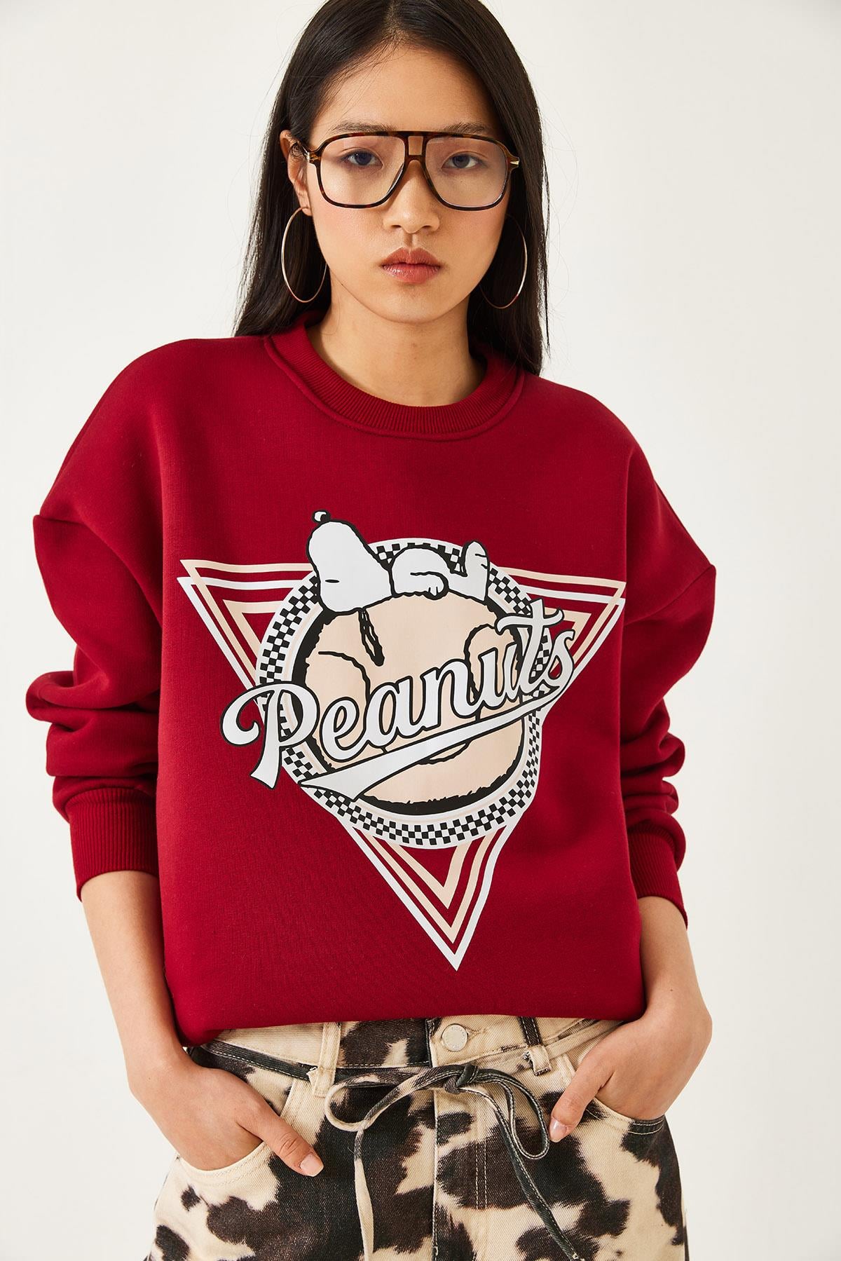 Üç İplik Şardonlu Baskılı Sweatshirt 60261216 - Bordo