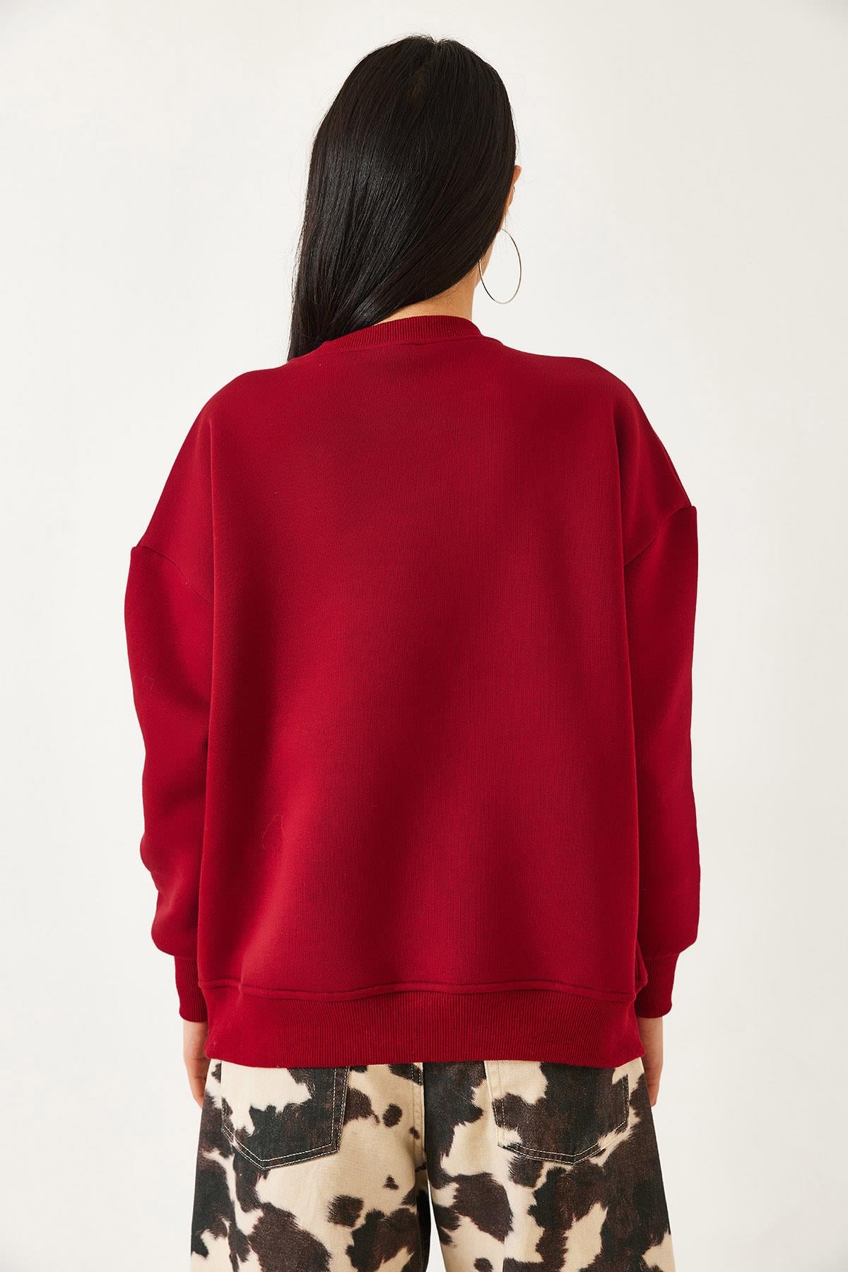 Üç İplik Şardonlu Baskılı Sweatshirt 60261216 - Bordo