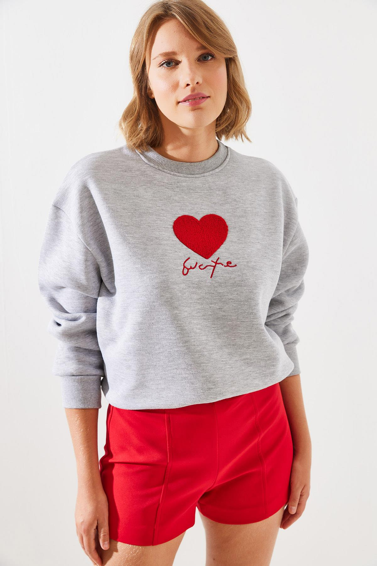 Üç İplik Şardonlu In Love Sweatshirt MBHS008 60601008 - Gri Melanj