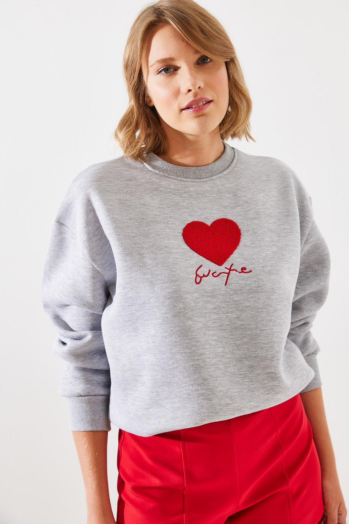 Üç İplik Şardonlu In Love Sweatshirt MBHS008 60601008 - Gri Melanj