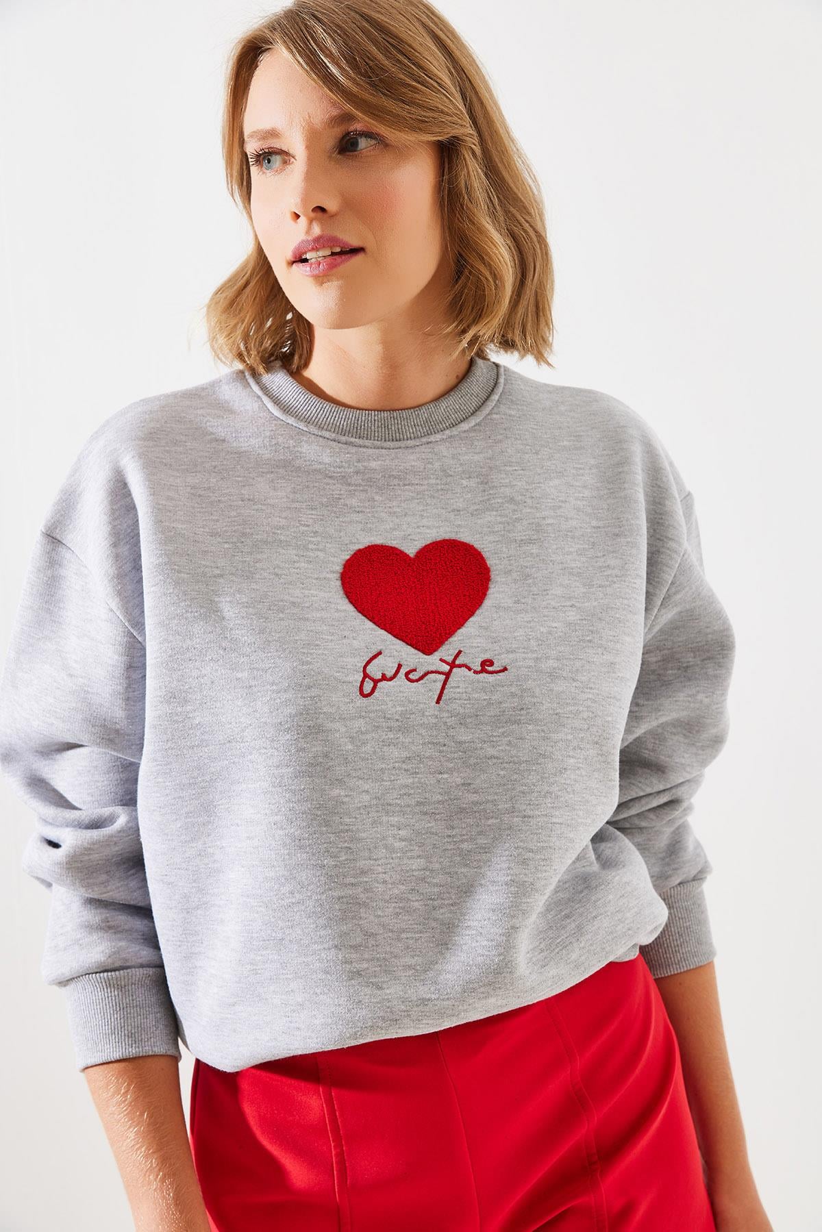 Üç İplik Şardonlu In Love Sweatshirt MBHS008 60601008 - Gri Melanj