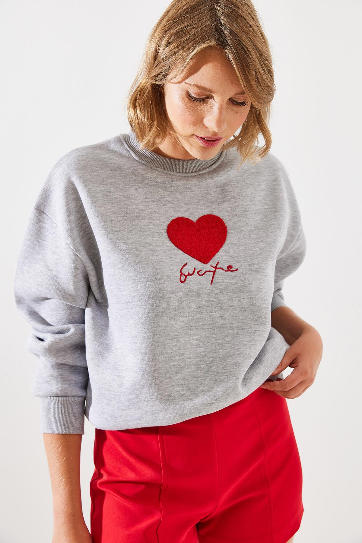 Üç İplik Şardonlu In Love Sweatshirt MBHS008 60601008 - Gri Melanj