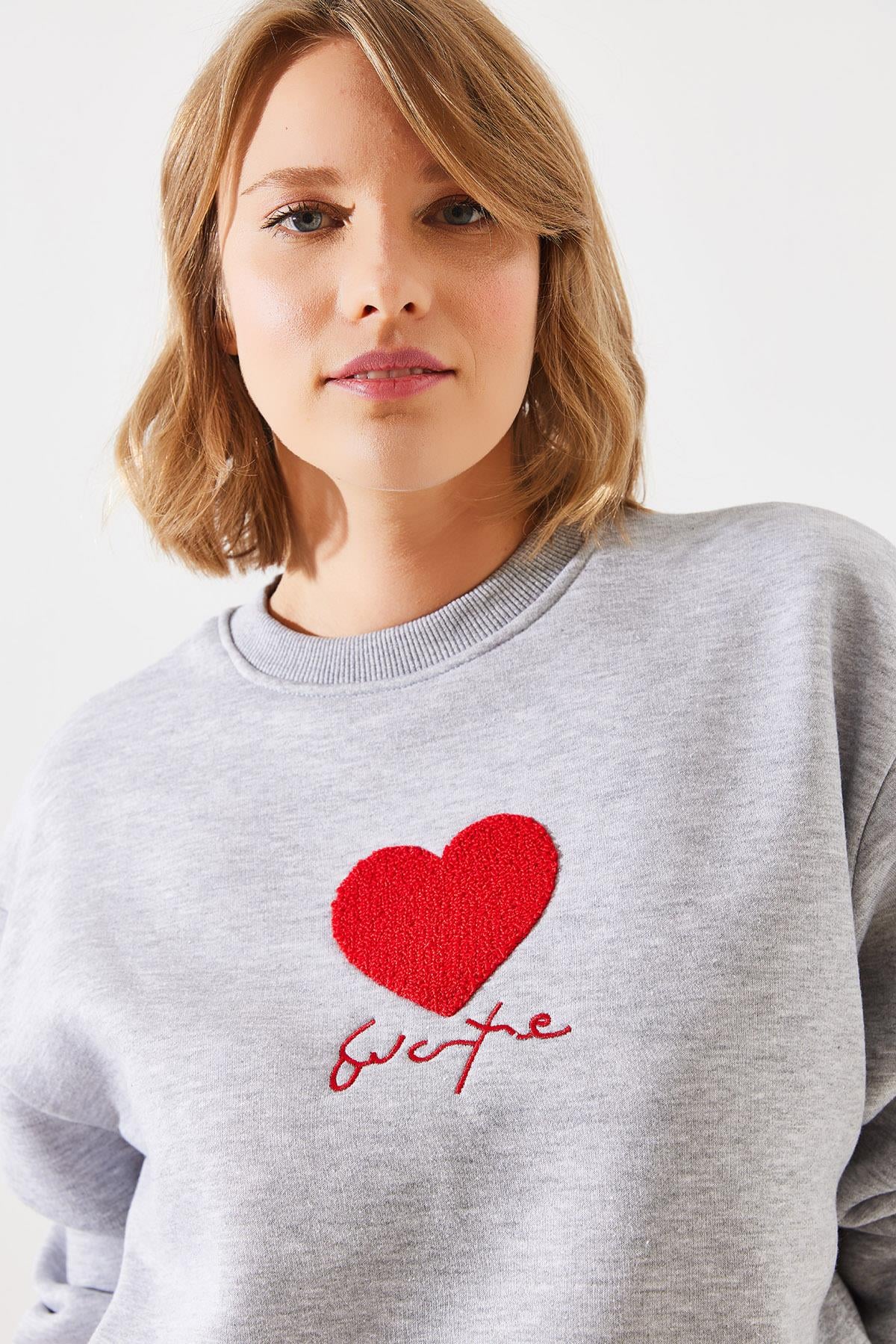 Üç İplik Şardonlu In Love Sweatshirt MBHS008 60601008 - Gri Melanj