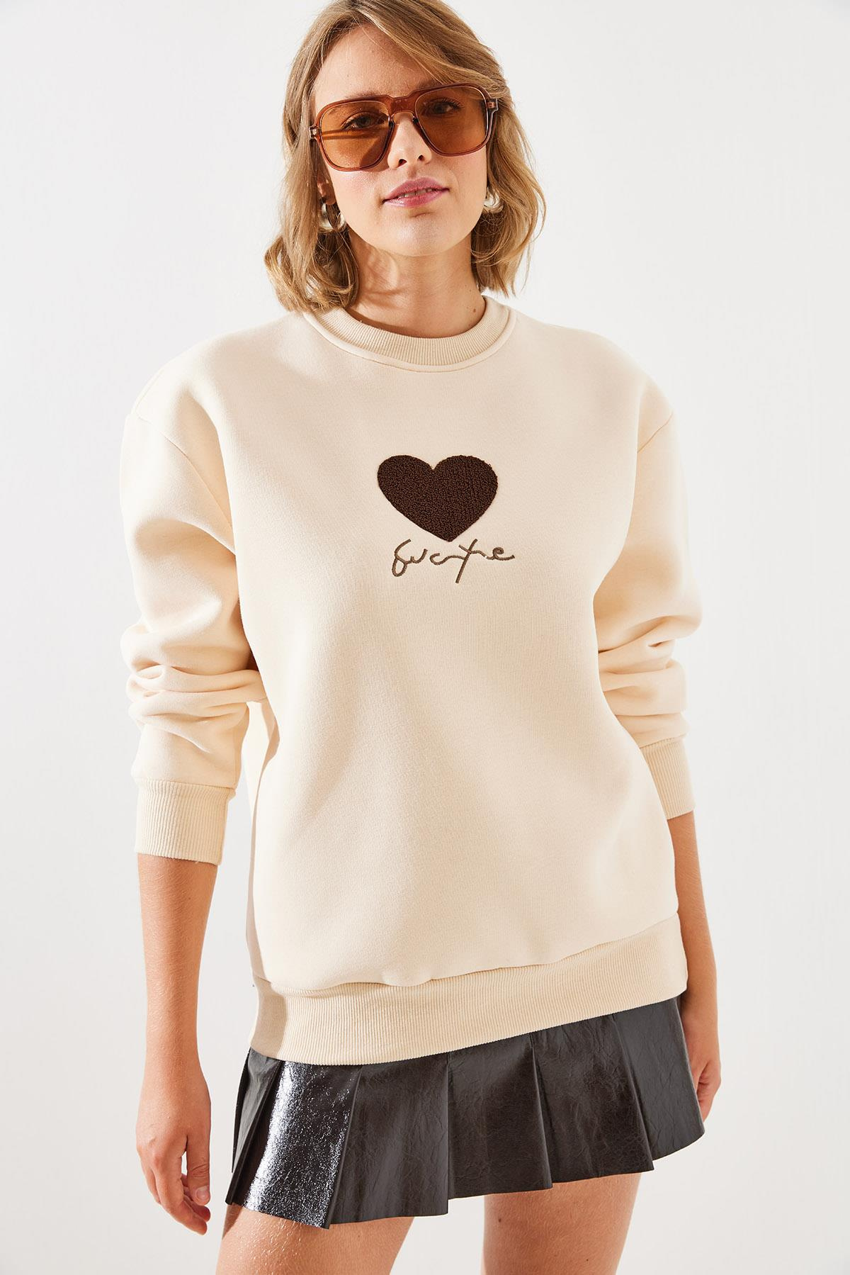 Üç İplik Şardonlu In Love Sweatshirt MBHS008 60601008 - Bej