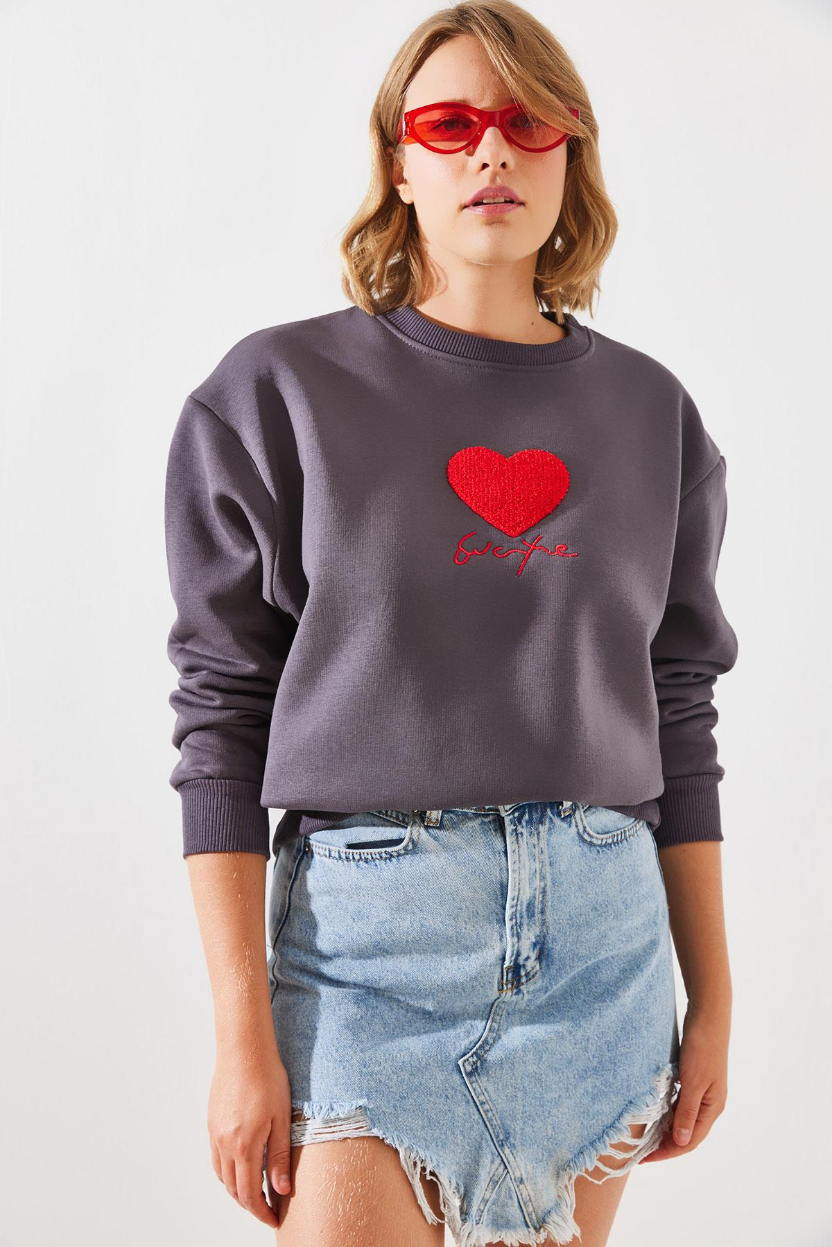 Üç İplik Şardonlu In Love Sweatshirt MBHS008 60601008 - Füme
