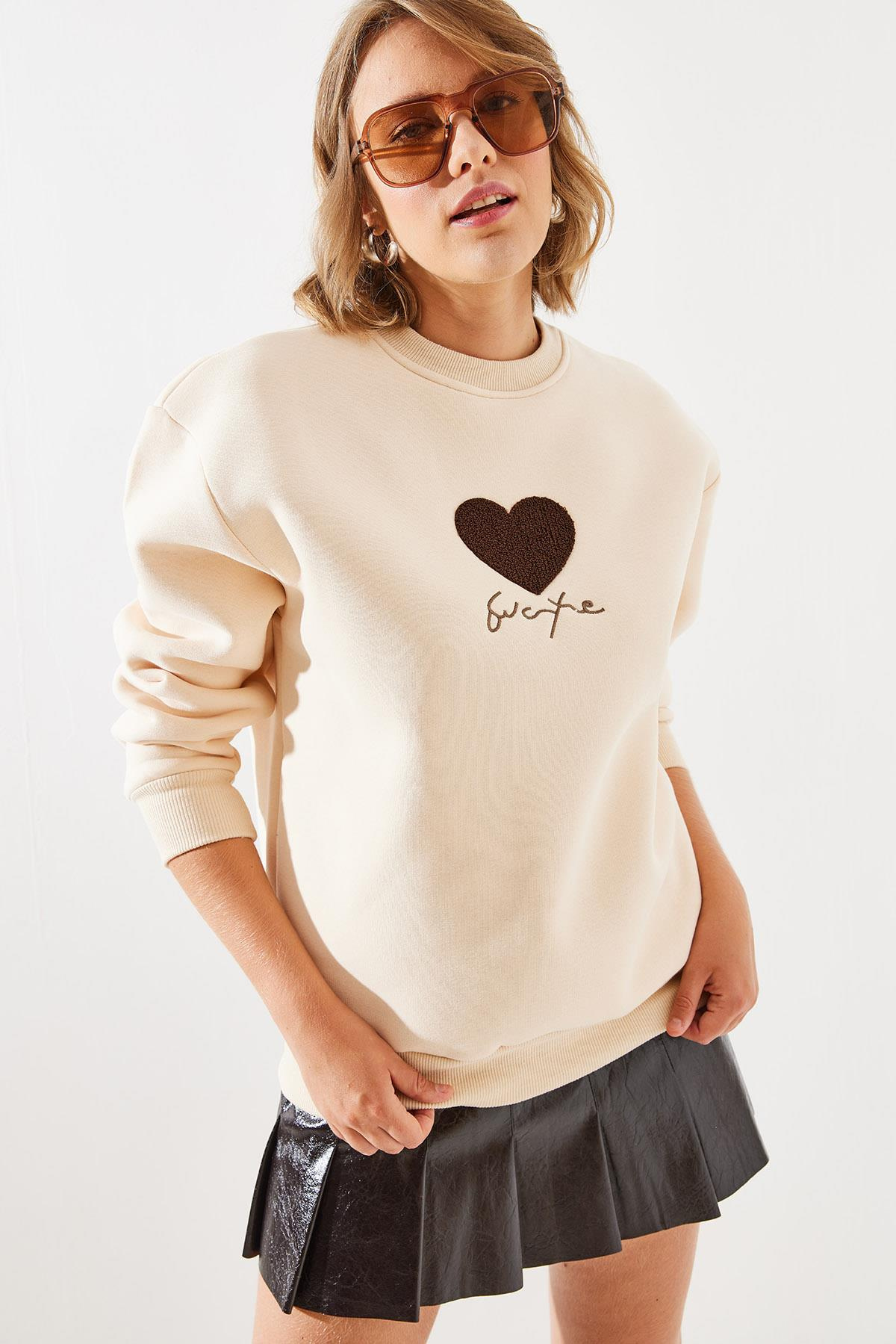Üç İplik Şardonlu In Love Sweatshirt MBHS008 60601008 - Bej