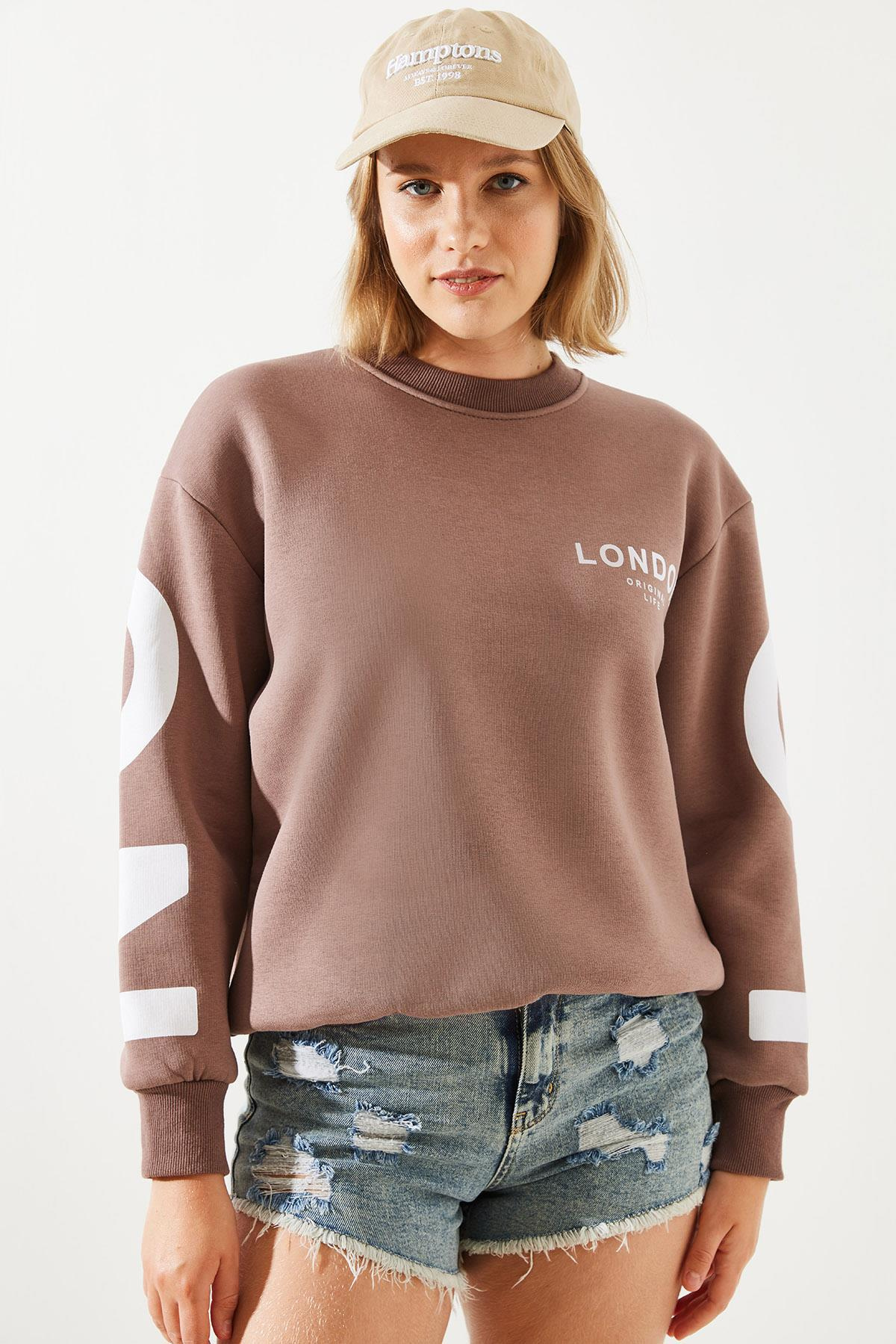 Üç İplik Şardonlu London Baskılı Sweatshirt MBHS003 60601003 - Kahverengi