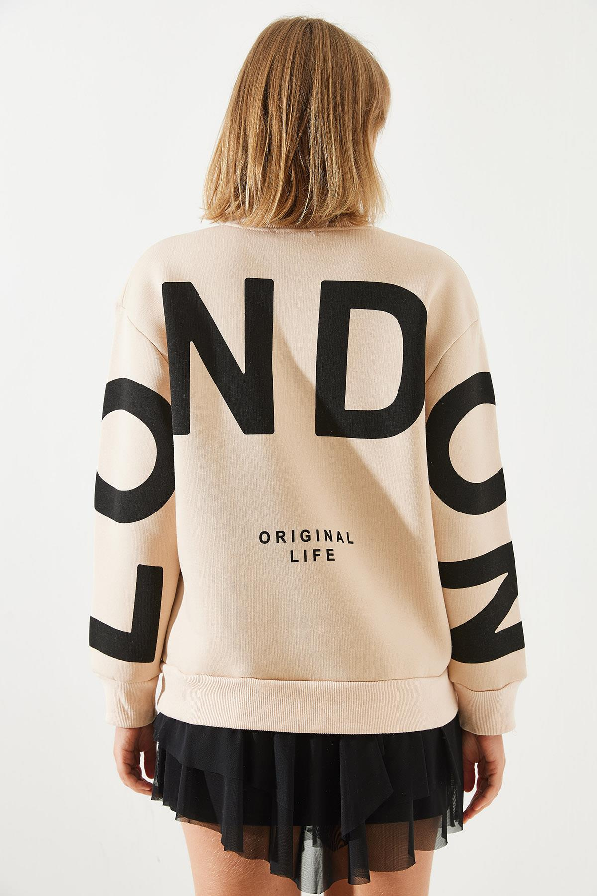 Üç İplik Şardonlu London Baskılı Sweatshirt MBHS003 60601003 - Bej