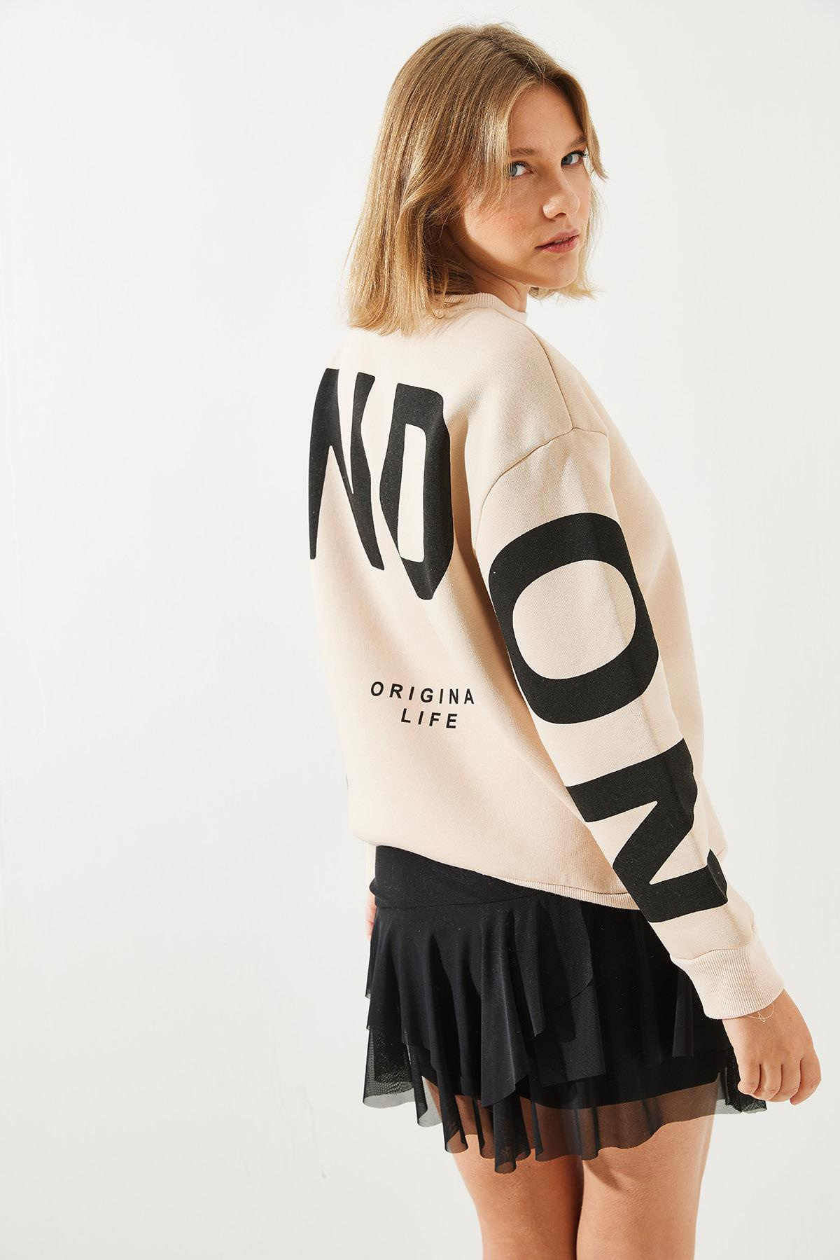 Üç İplik Şardonlu London Baskılı Sweatshirt MBHS003 60601003 - Bej
