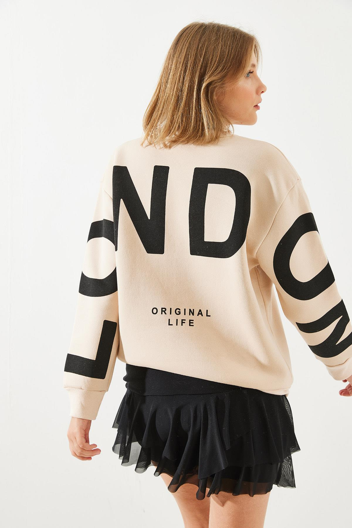 Üç İplik Şardonlu London Baskılı Sweatshirt MBHS003 60601003 - Bej
