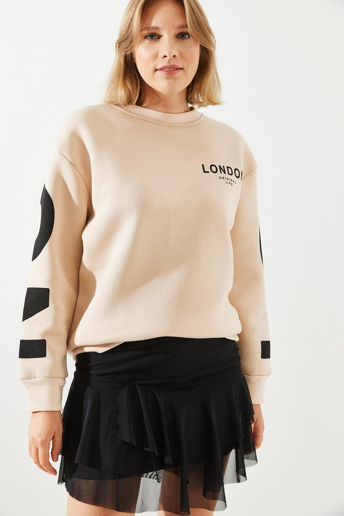 Üç İplik Şardonlu London Baskılı Sweatshirt MBHS003 60601003 - Bej