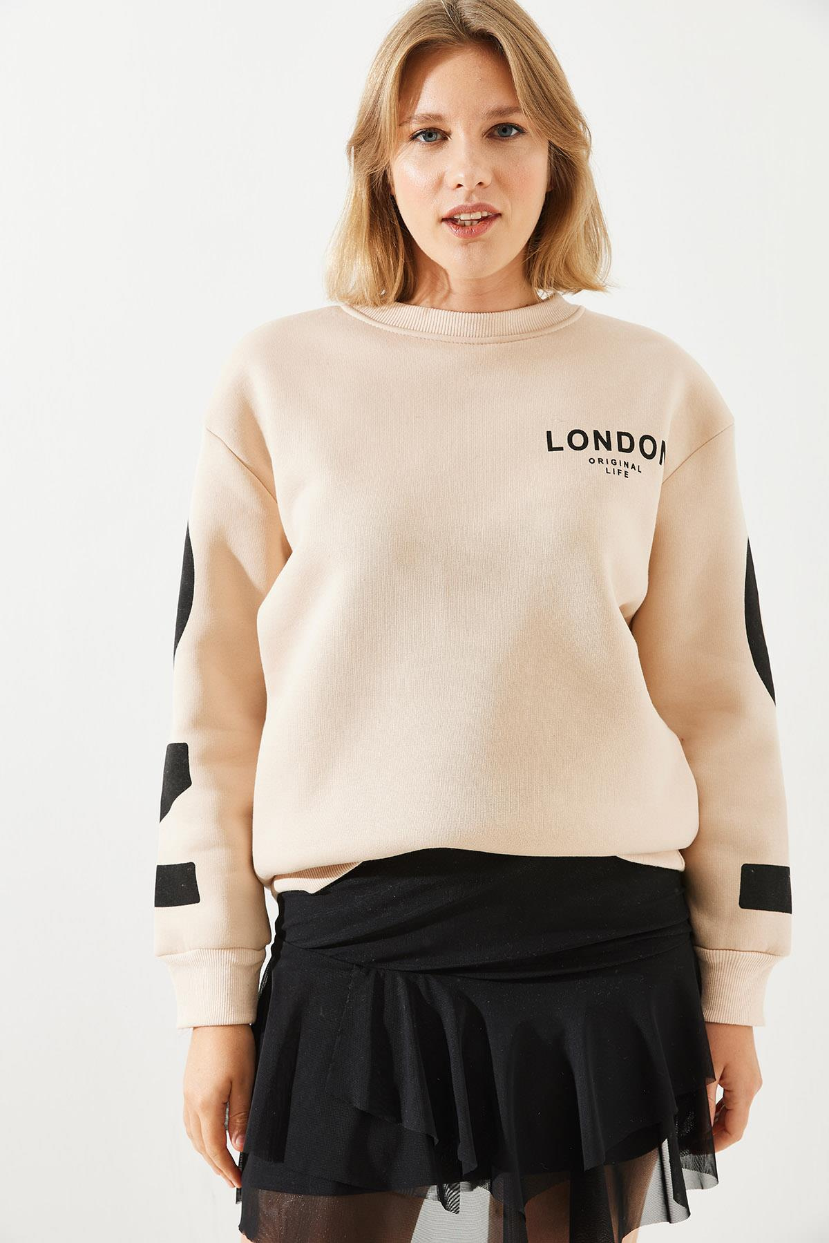Üç İplik Şardonlu London Baskılı Sweatshirt MBHS003 60601003 - Bej