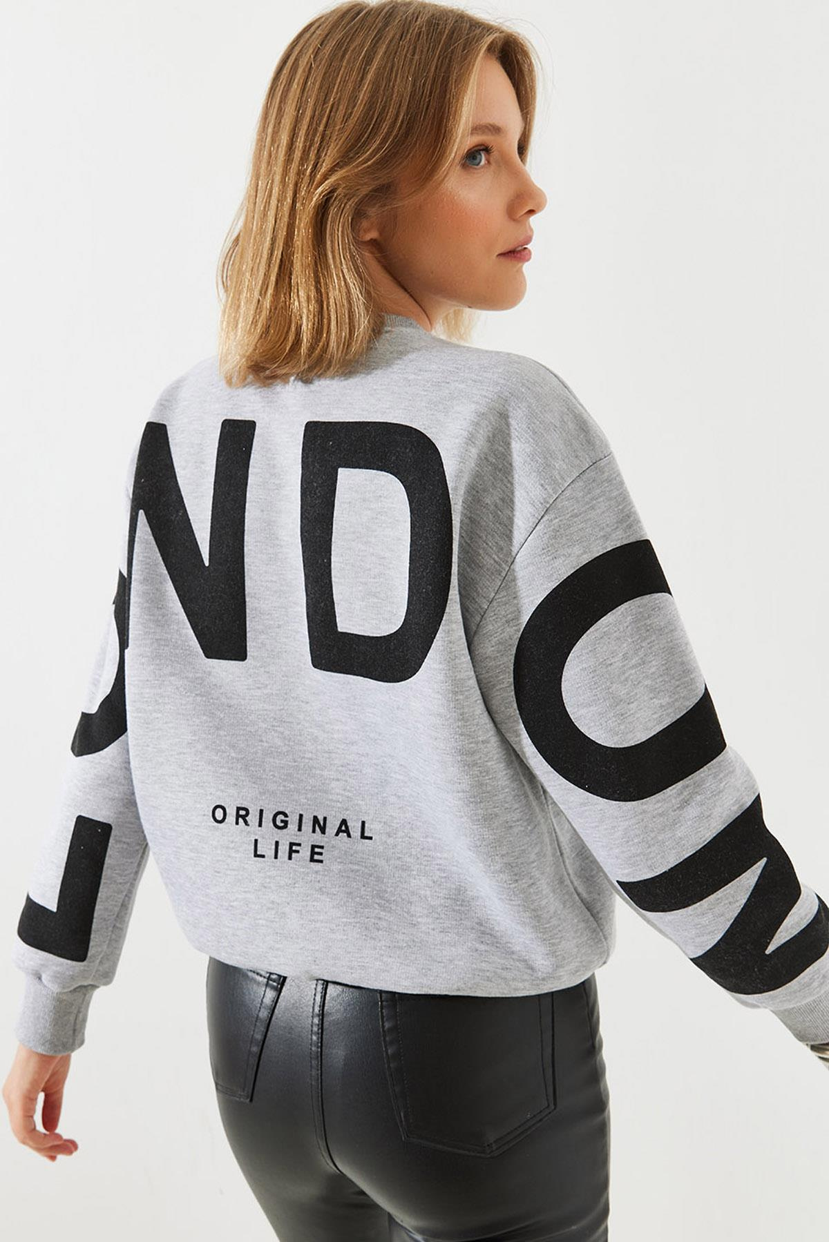 Üç İplik Şardonlu London Baskılı Sweatshirt MBHS003 60601003 - Gri Melanj