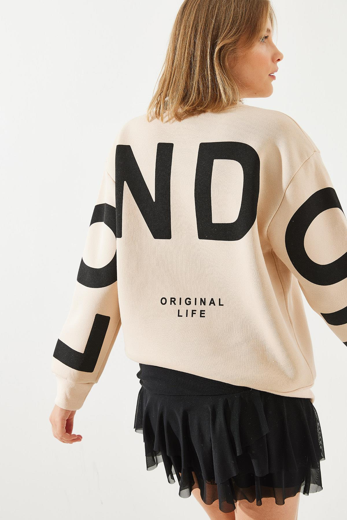 Üç İplik Şardonlu London Baskılı Sweatshirt MBHS003 60601003 - Bej