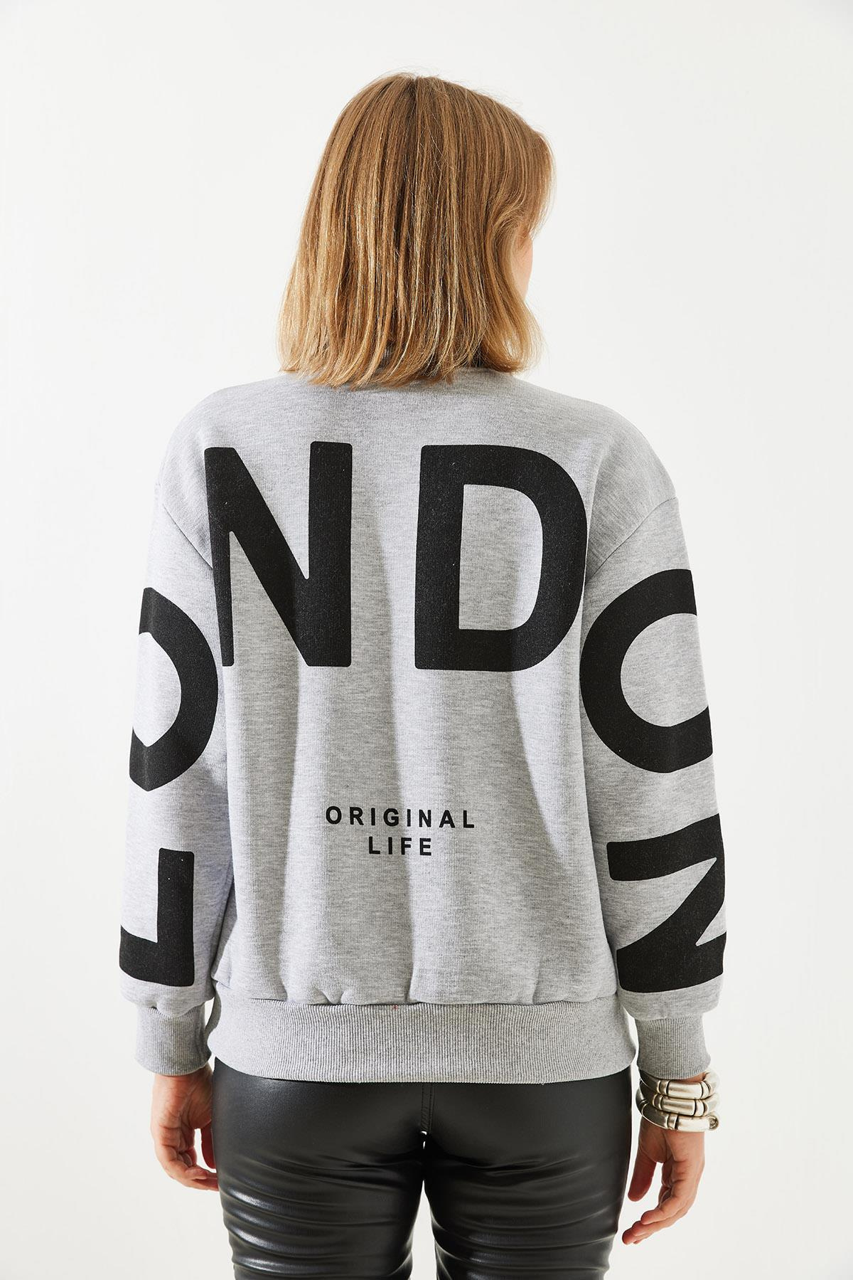 Üç İplik Şardonlu London Baskılı Sweatshirt MBHS003 60601003 - Gri Melanj