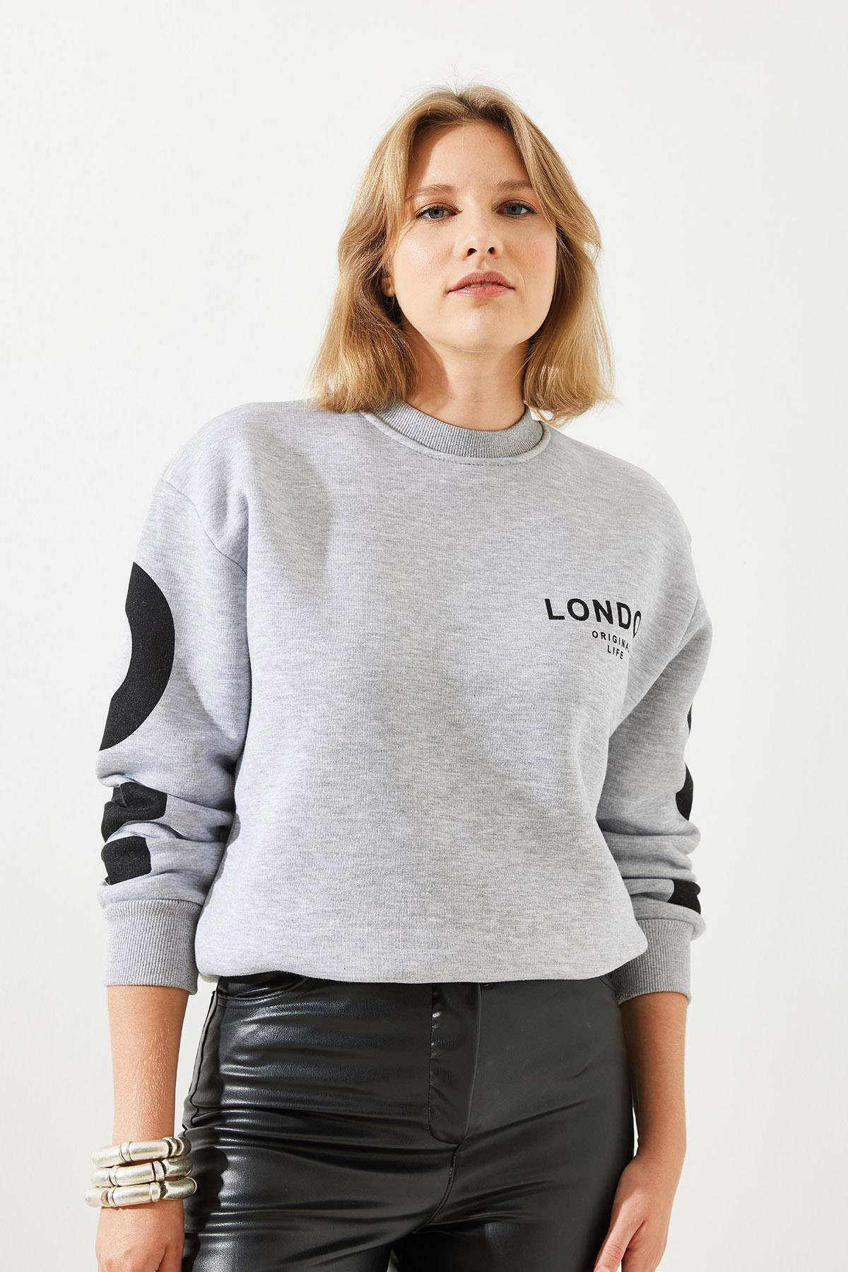 Üç İplik Şardonlu London Baskılı Sweatshirt MBHS003 60601003 - Gri Melanj
