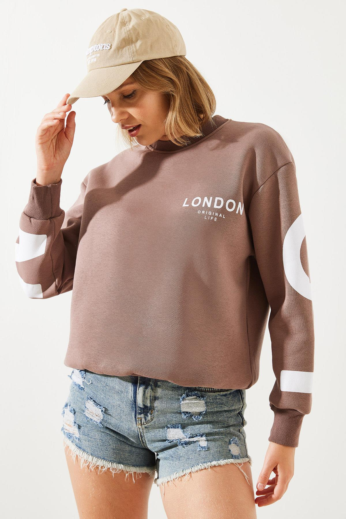 Üç İplik Şardonlu London Baskılı Sweatshirt MBHS003 60601003 - Kahverengi