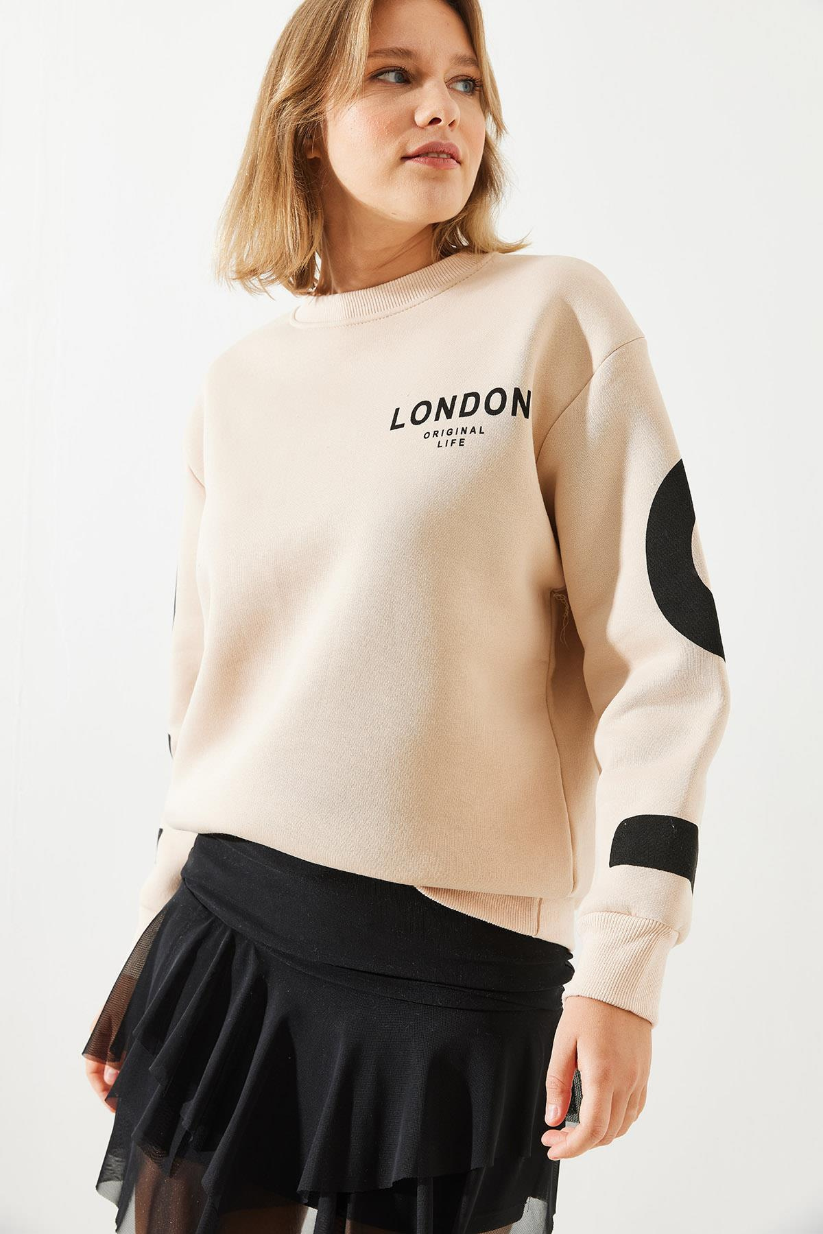 Üç İplik Şardonlu London Baskılı Sweatshirt MBHS003 60601003 - Bej