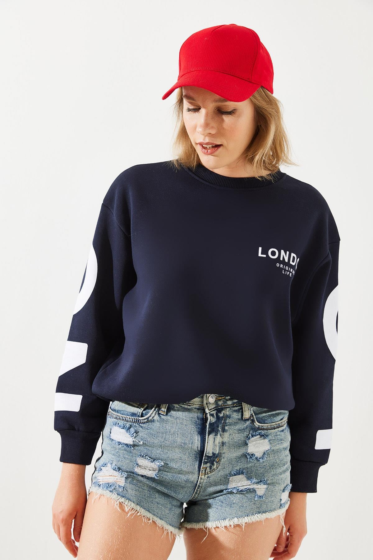 Üç İplik Şardonlu London Baskılı Sweatshirt MBHS003 60601003 - Lacivert