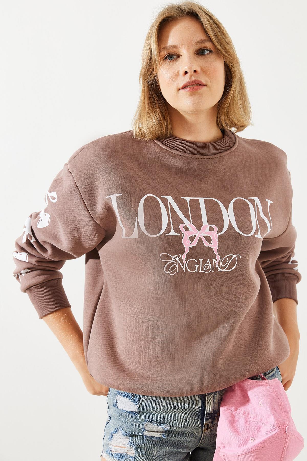 Üç İplik Şardonlu London Life Grafik Baskılı Sweatshirt MBHS004 60601004 - Kahverengi