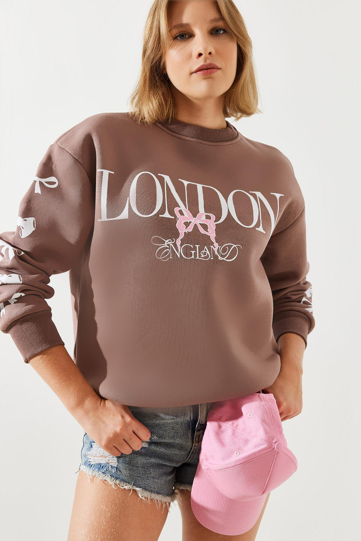 Üç İplik Şardonlu London Life Grafik Baskılı Sweatshirt MBHS004 60601004 - Kahverengi