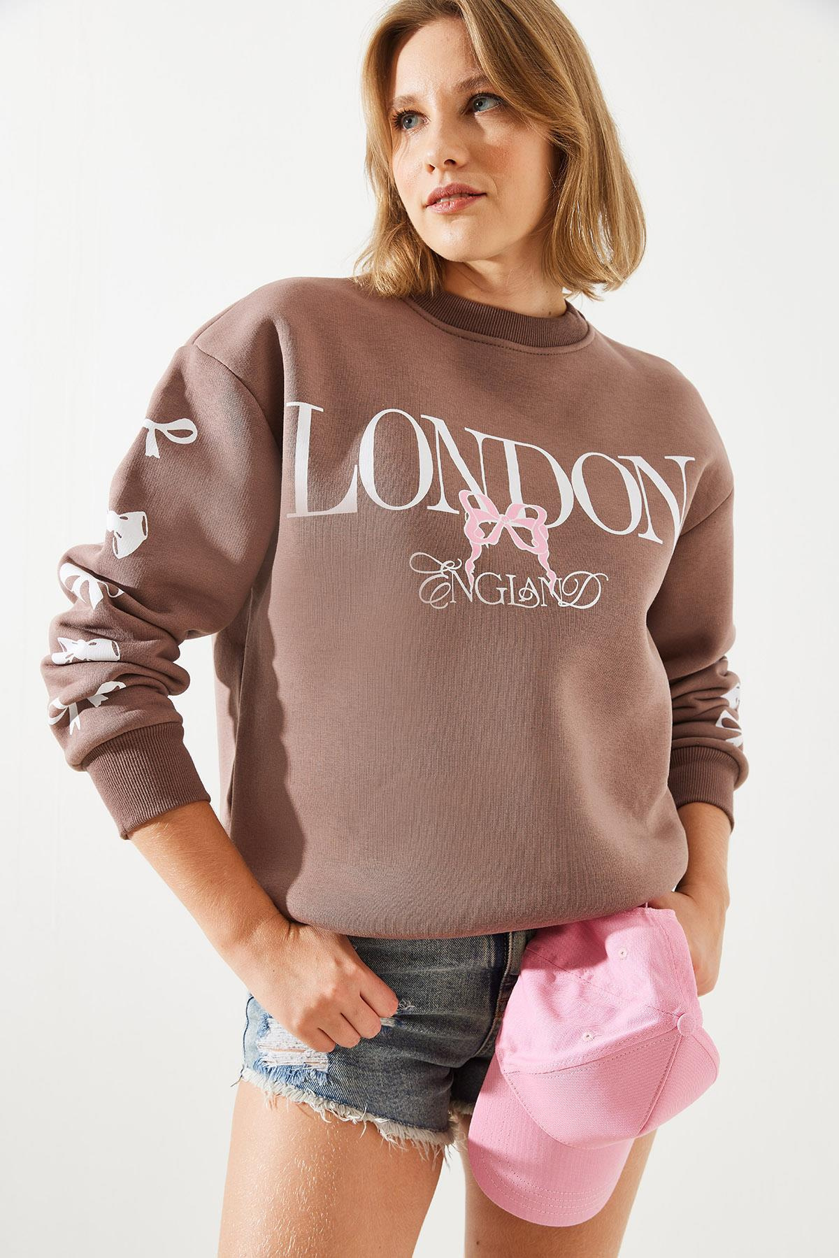 Üç İplik Şardonlu London Life Grafik Baskılı Sweatshirt MBHS004 60601004 - Kahverengi