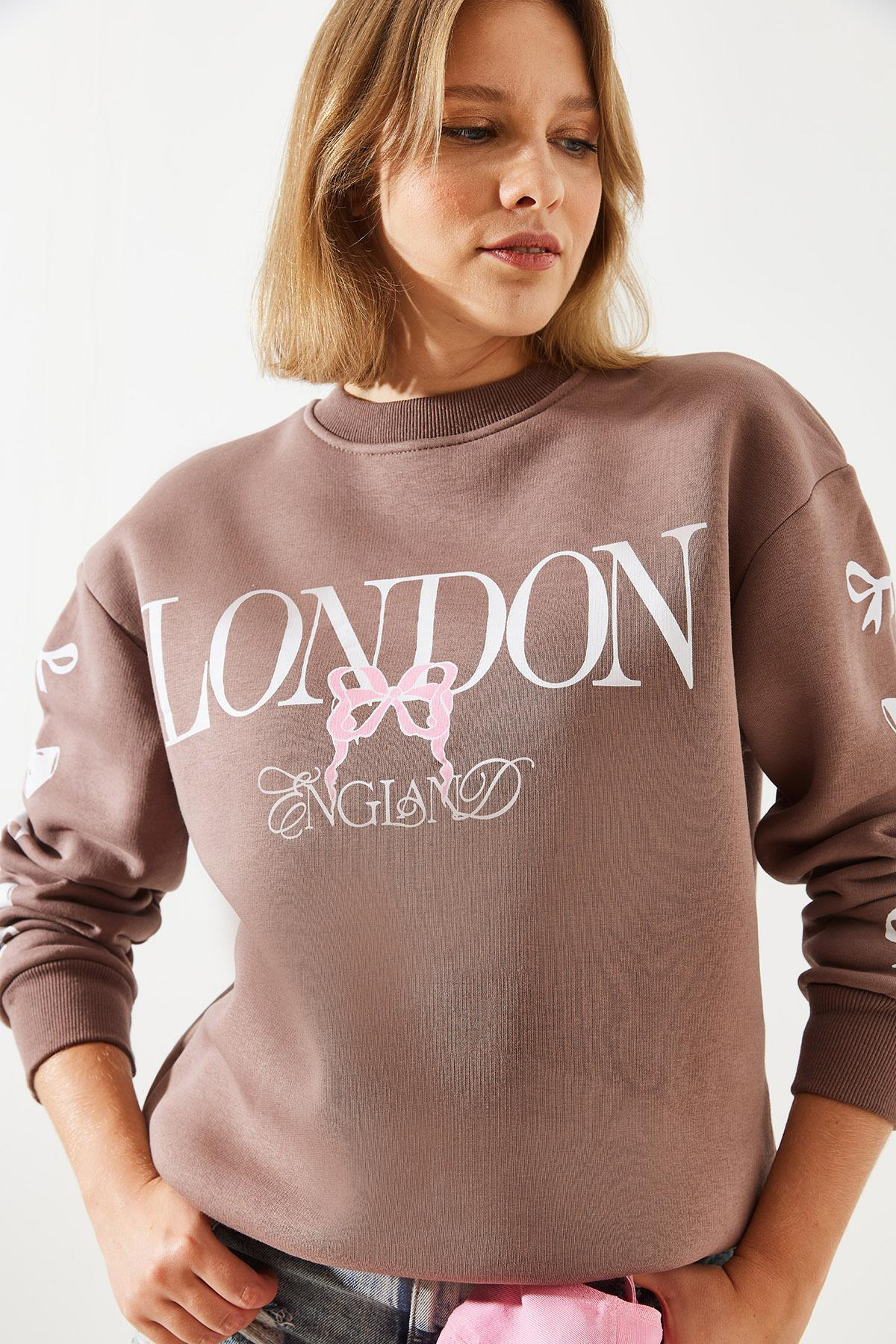 Üç İplik Şardonlu London Life Grafik Baskılı Sweatshirt MBHS004 60601004 - Kahverengi