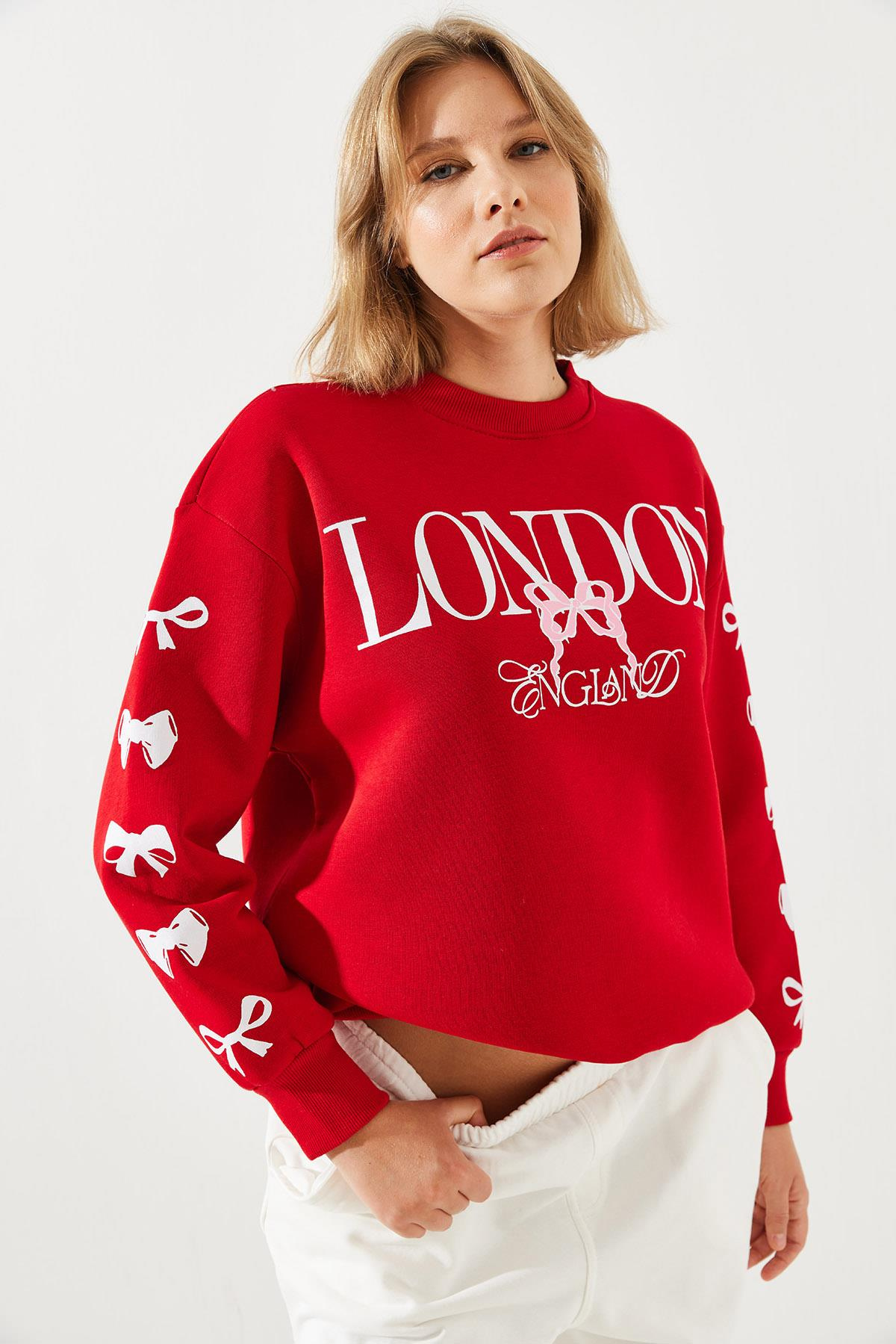 Üç İplik Şardonlu London Life Grafik Baskılı Sweatshirt MBHS004 60601004 - Kırmızı