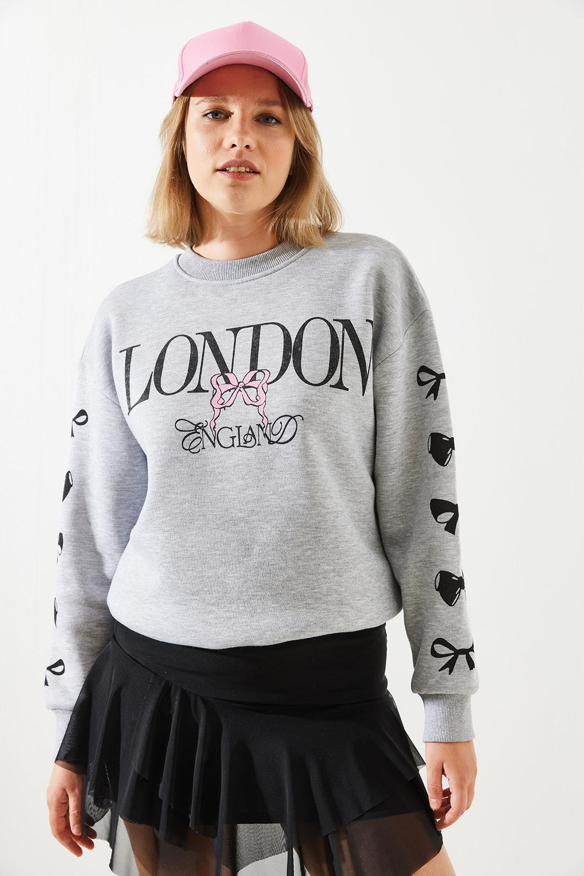 Üç İplik Şardonlu London Life Grafik Baskılı Sweatshirt MBHS004 60601004 - Gri Melanj
