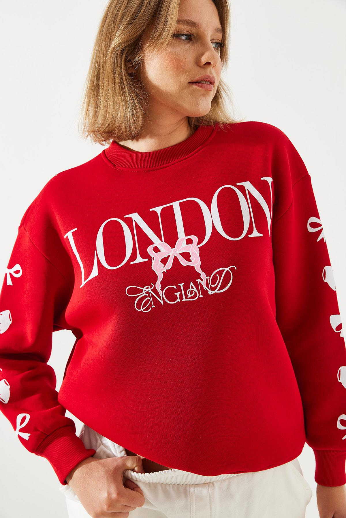 Üç İplik Şardonlu London Life Grafik Baskılı Sweatshirt MBHS004 60601004 - Kırmızı