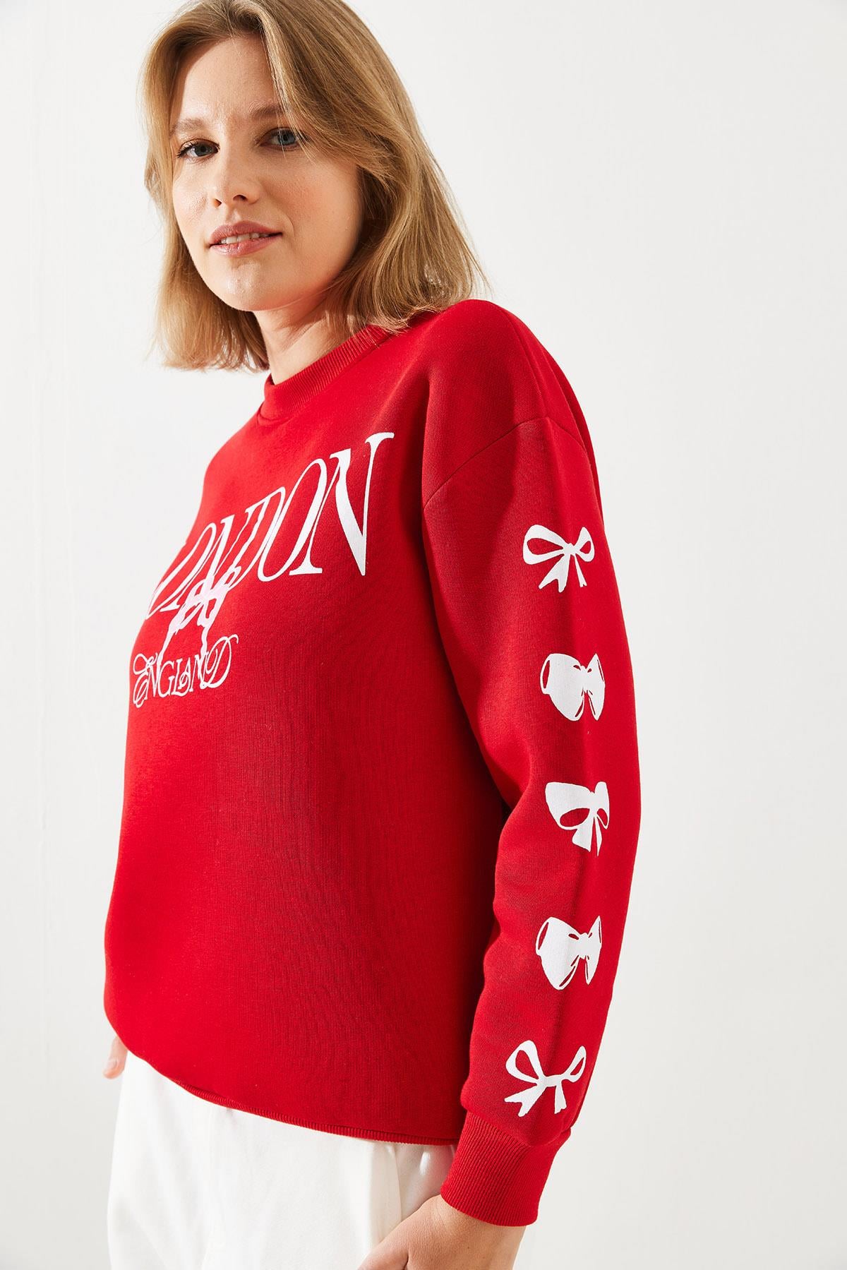 Üç İplik Şardonlu London Life Grafik Baskılı Sweatshirt MBHS004 60601004 - Kırmızı